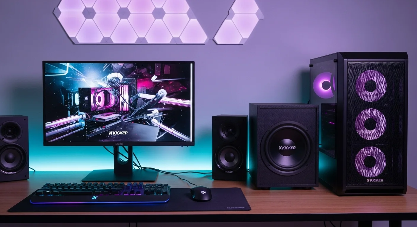 Un moderno setup de computadora para gaming con un sistema de audio de alta fidelidad que incluye bocinas Kicker y un subwoofer, iluminado con luces LED ambientales