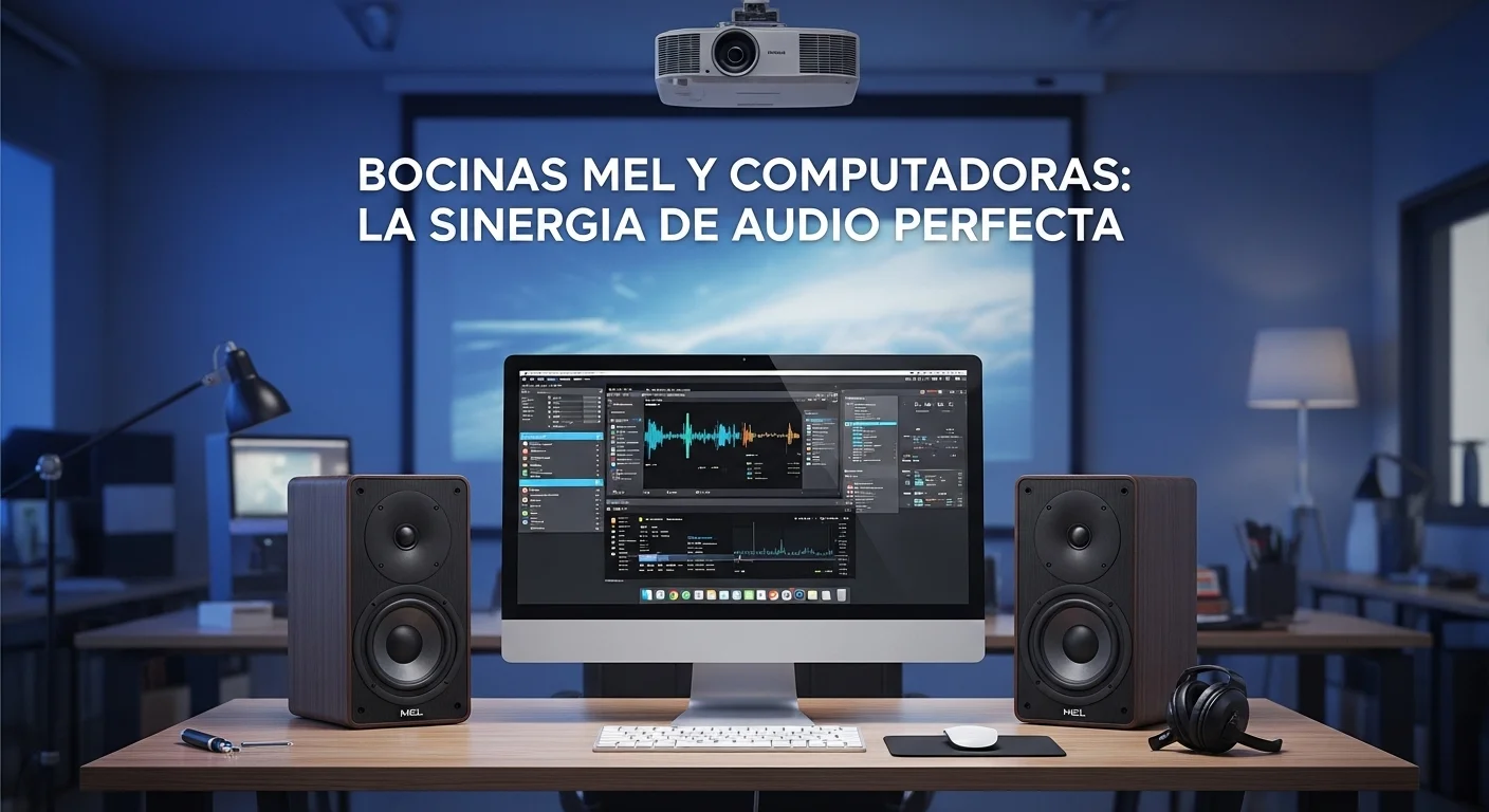 Setup de oficina moderno con Bocinas Mel a los lados de una computadora de escritorio mostrando datos de audio, con proyector y pantalla al fondo.