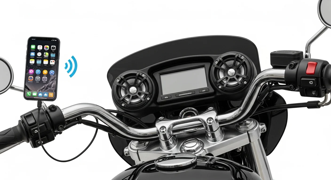 Instalación de bocinas para moto en un manillar, mostrando la conexión tecnológica con un smartphone que representa la sinergia con las computadoras.