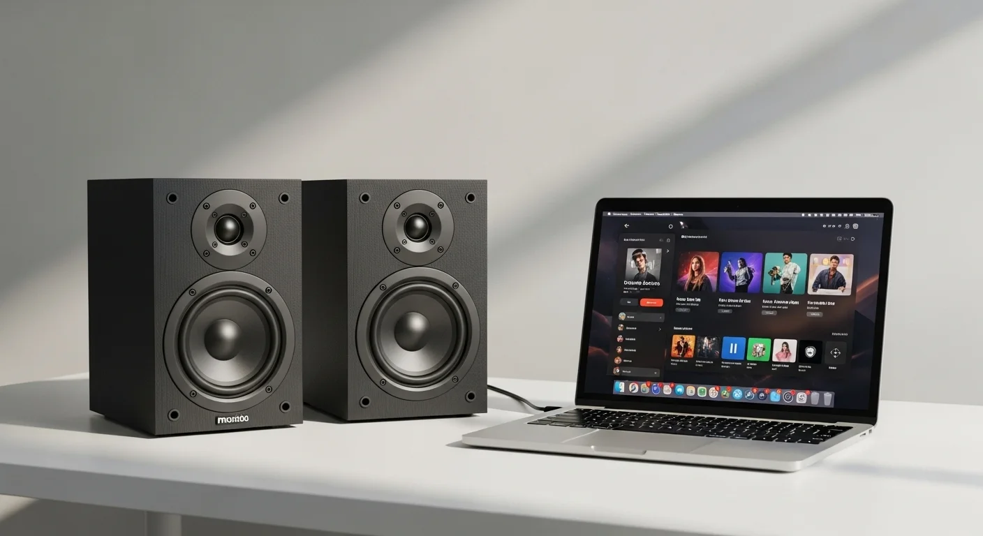 Bocinas musicales de alta fidelidad en un escritorio junto a una computadora portátil, representando la conexión entre tecnología y audio.