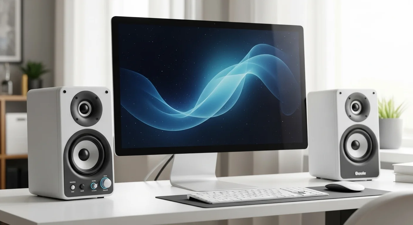 Una configuración de escritorio moderna con un par de bocinas para computadora de alta fidelidad flanqueando un monitor, mostrando la importancia del audio en la tecnología de computadoras.