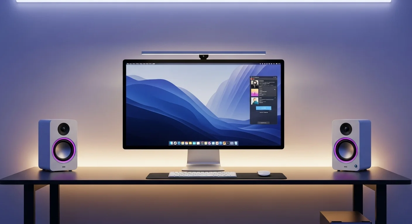 Moderno escritorio de trabajo con una computadora de pantalla ancha flanqueada por dos elegantes bocinas de alta fidelidad, iluminado con luces LED.