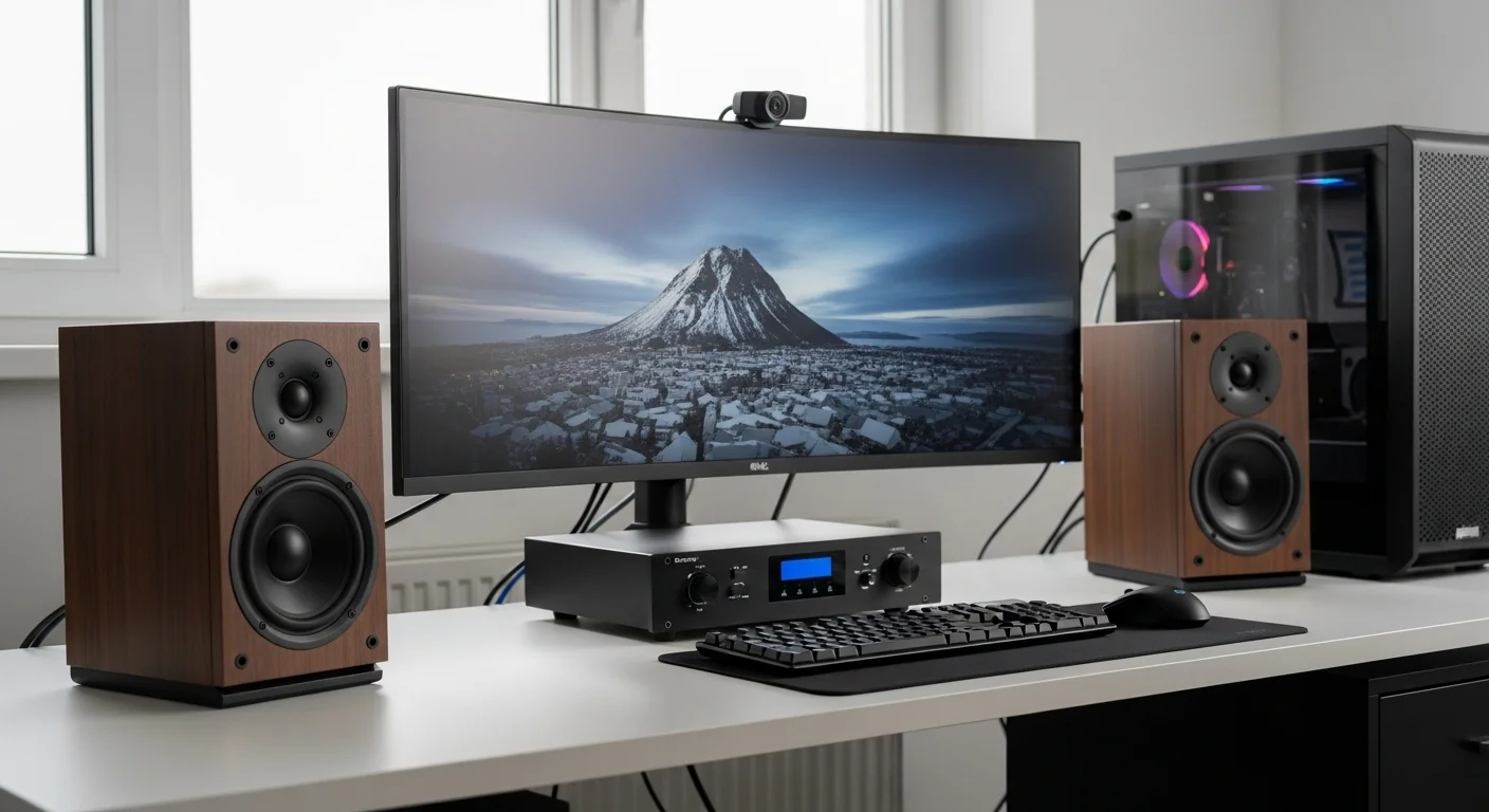 Un moderno escritorio con una computadora, monitor curvo y un sistema de bocinas estéreo de alta fidelidad, representando la tecnología de audio para el trabajo y el entretenimiento.