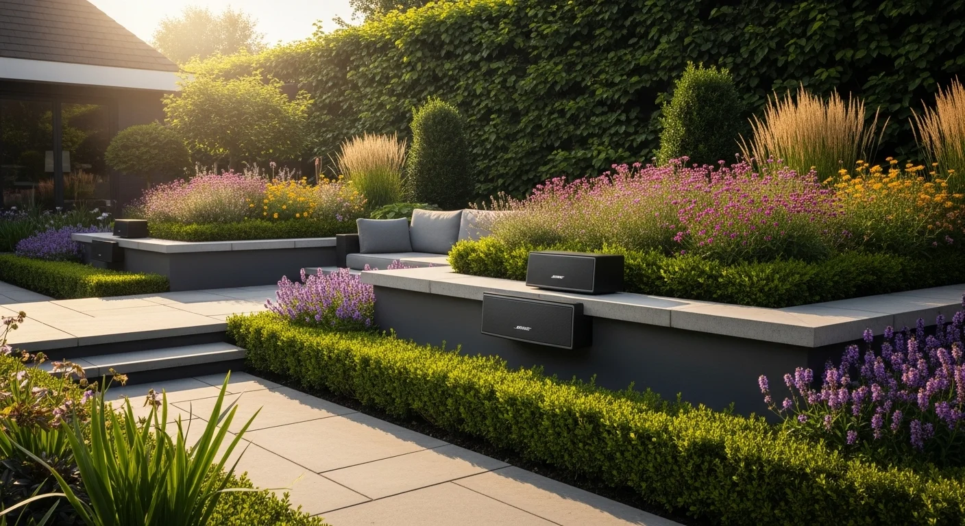 Instalación de bocinas para exterior Bose en un jardín para crear un sistema de sonido ambiental de alta calidad.