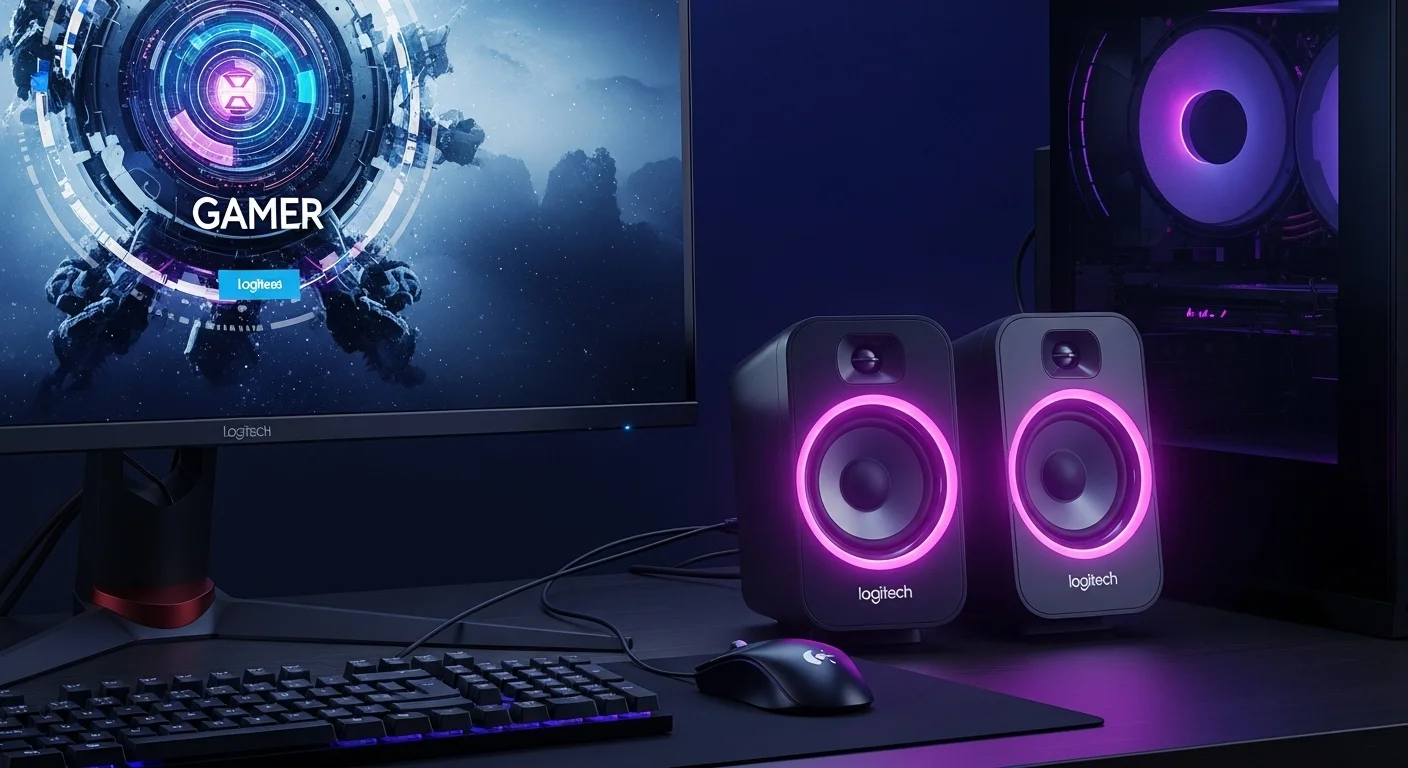 Moderno setup de computadoras con un par de bocinas PC Logitech iluminadas junto a un monitor gamer.