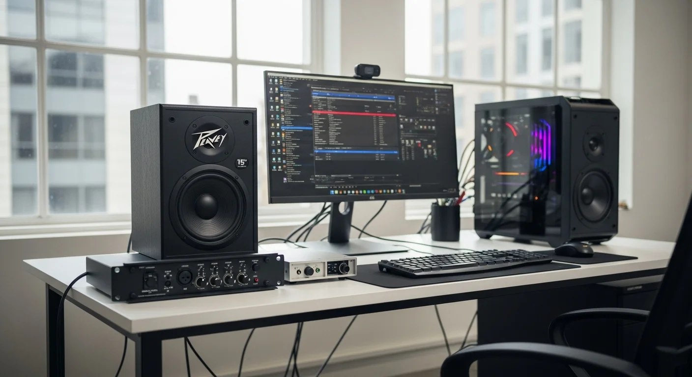 Setup de audio profesional con bocinas Peavey de 15 pulgadas conectadas a una computadora y una interfaz de audio en un escritorio moderno
