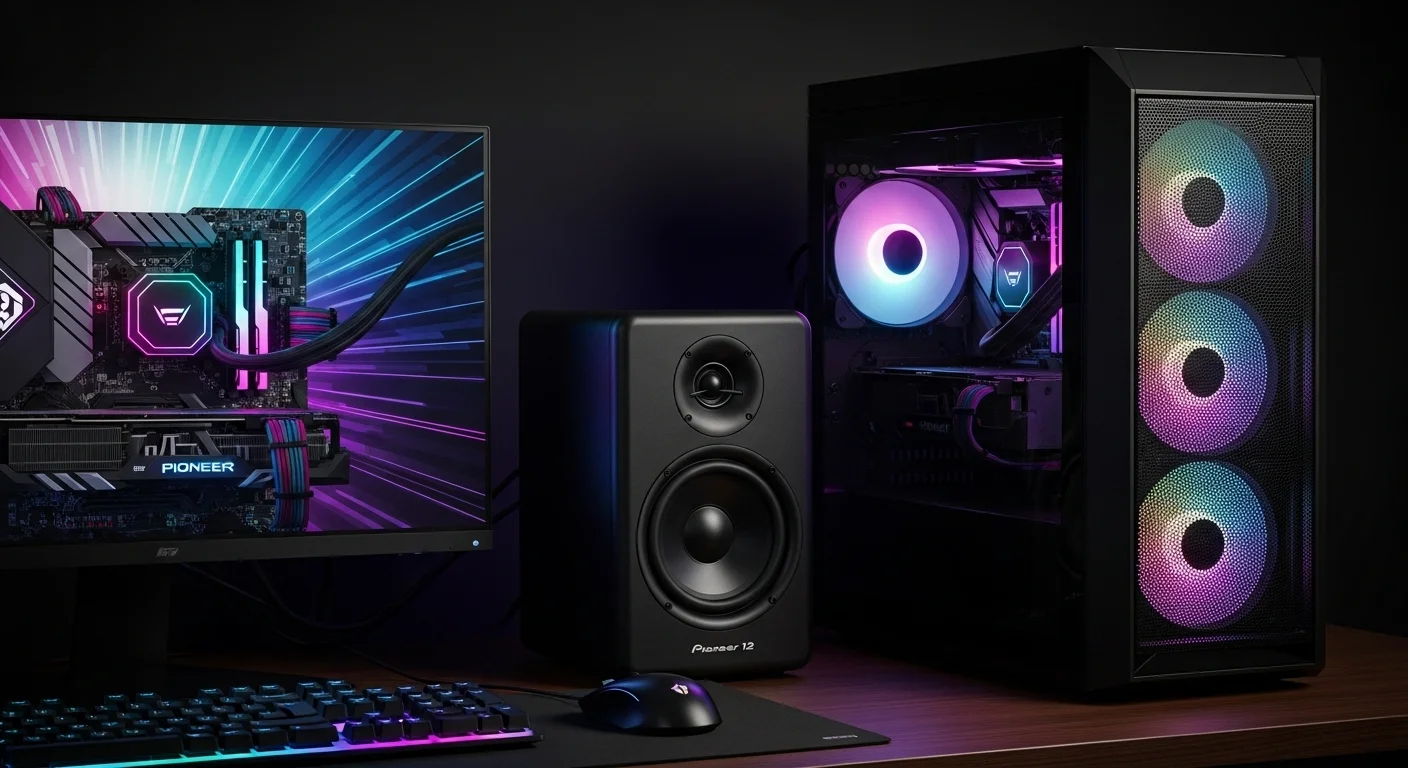 Setup de computadora gaming con iluminación RGB y una bocina Pioneer 12 integrada en el sistema de audio, mostrando la fusión de tecnología y sonido de alta potencia.