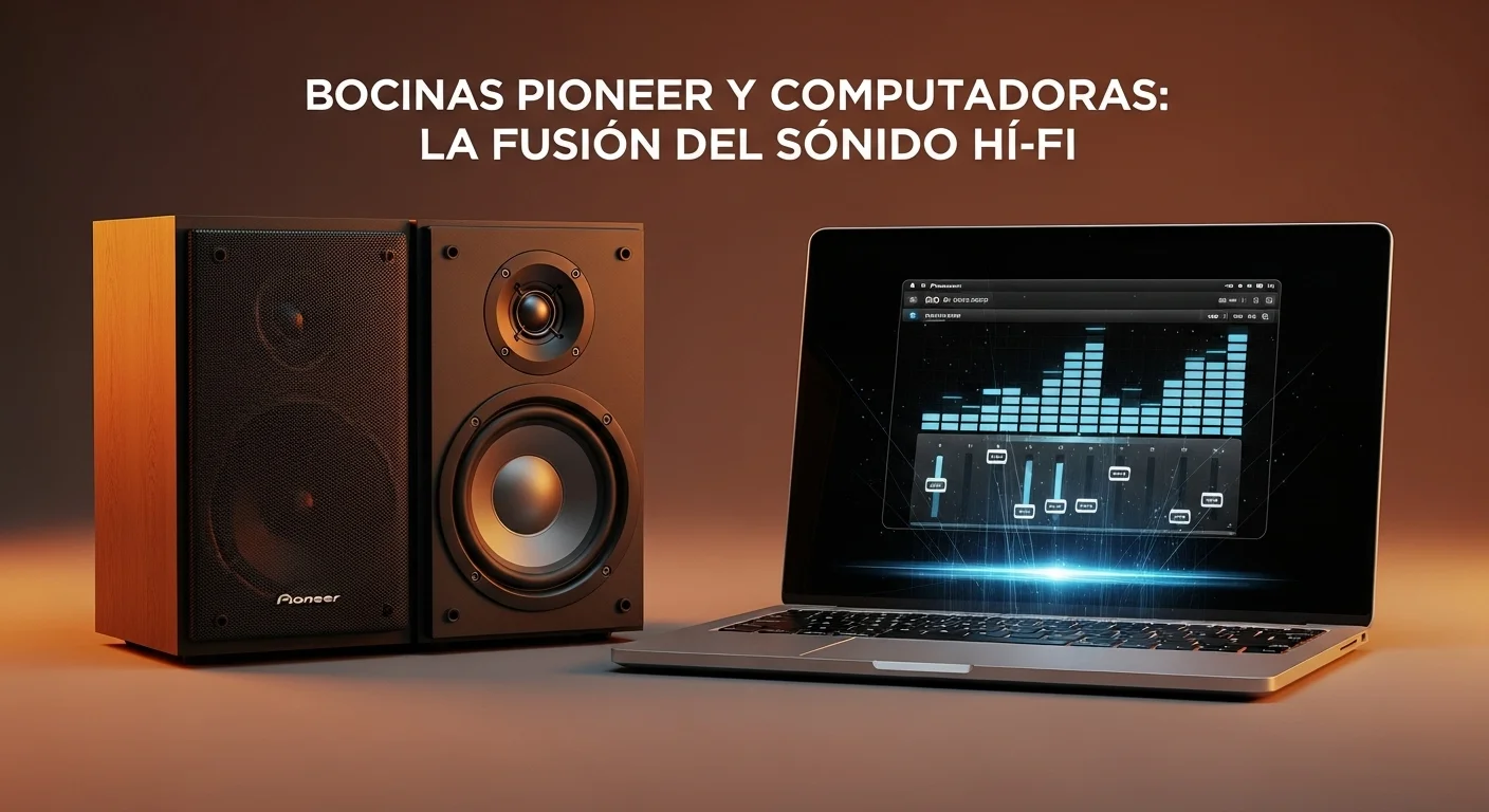 Una composición de bocinas Pioneer junto a una laptop mostrando un software de ecualización, simbolizando la fusión de computadoras y audio de alta fidelidad.