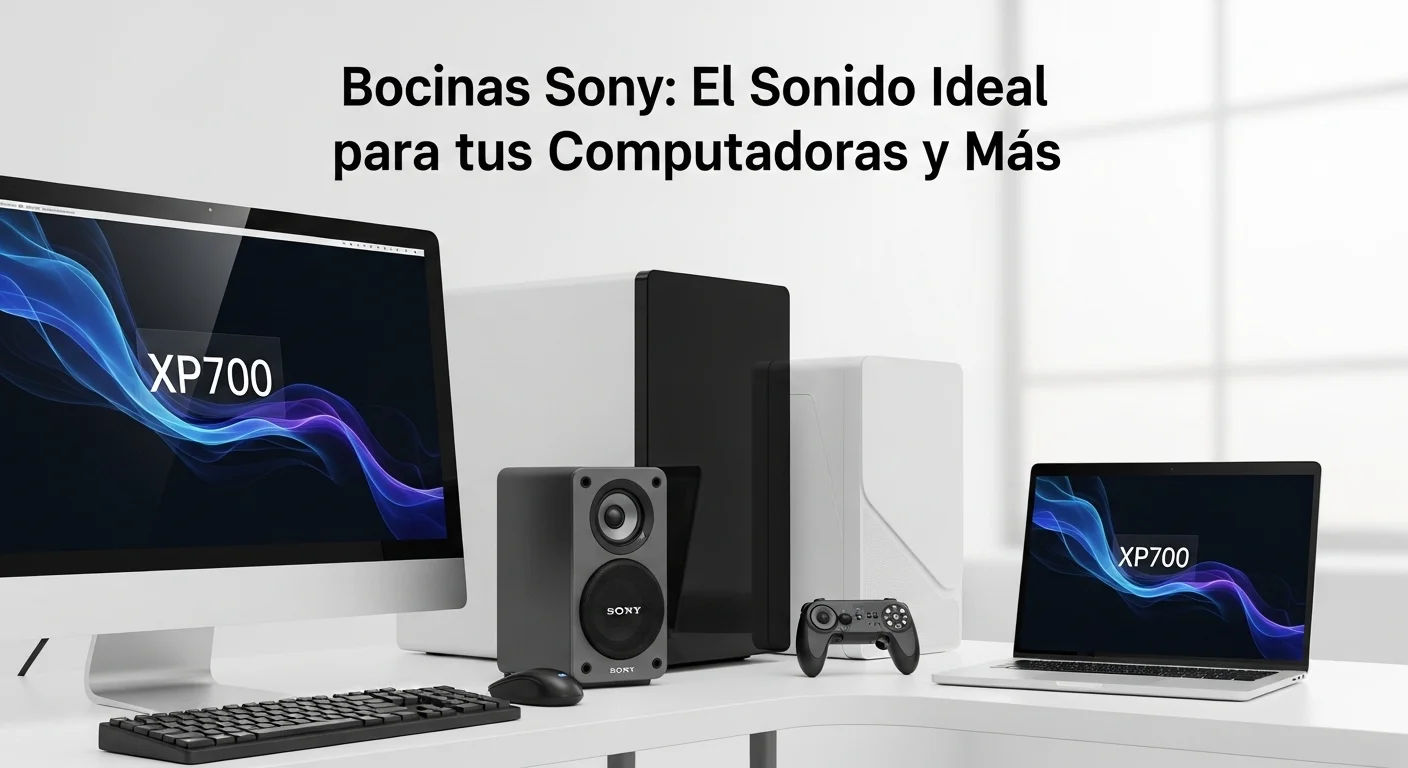 Bocina Sony XP700 junto a una moderna configuración de computadora de escritorio y laptop, mostrando su versatilidad.