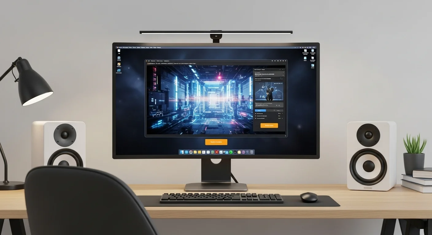 Un moderno escritorio de computadora con un monitor grande flanqueado por dos bocinas de alta calidad, ilustrando el tema de Walmart Bocinas y computadoras.