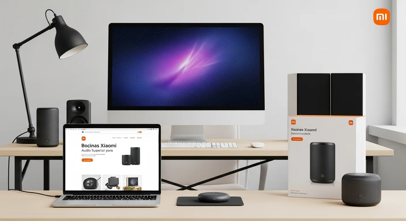 Una configuración de oficina moderna con una laptop, un monitor y varias Bocinas Xiaomi, incluyendo un modelo portátil y uno inteligente