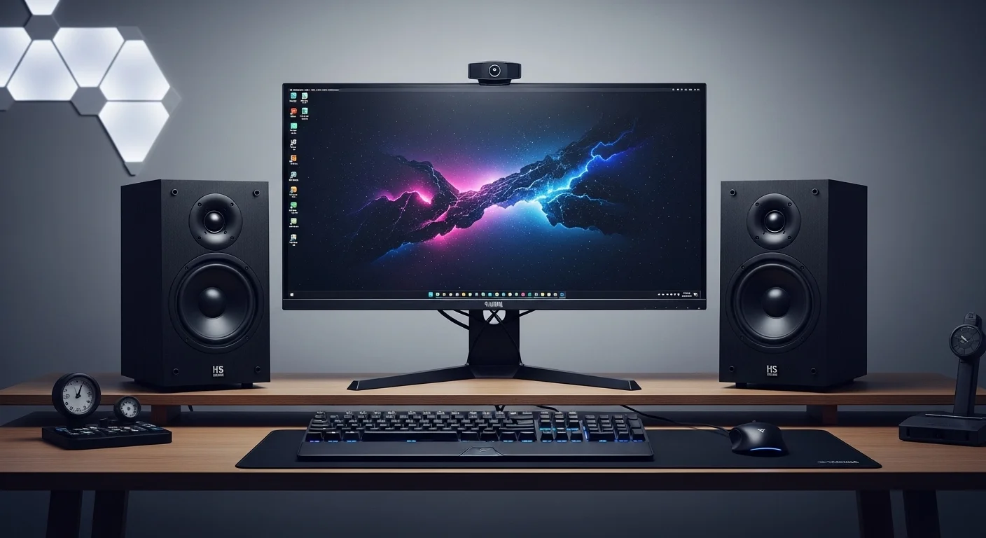 Un moderno setup de computadora con un monitor ultrawide, teclado mecánico y un par de bocinas Yamaha de la serie HS a cada lado, demostrando un entorno de producción musical profesional