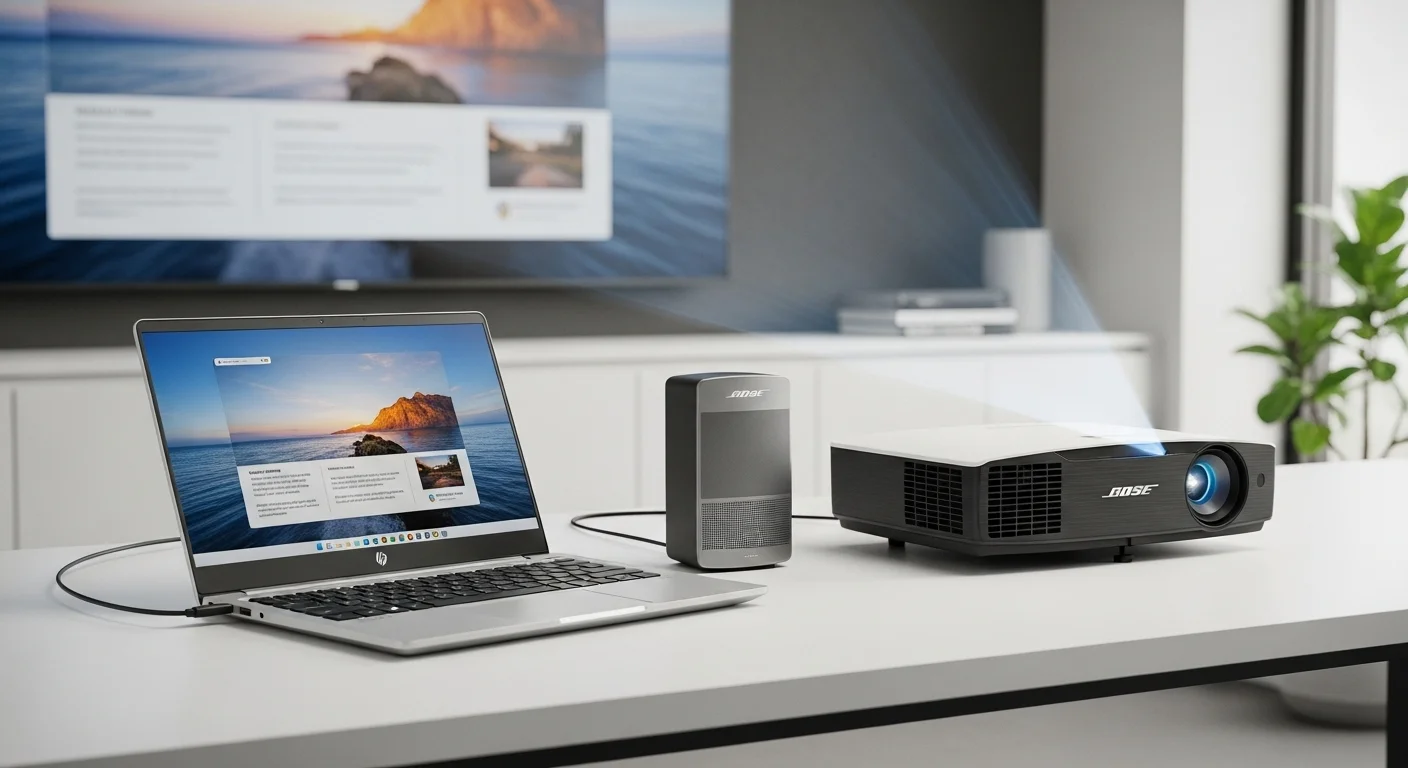 Una configuración de oficina moderna con una laptop, un proyector y una bocina Bose S1 Pro, demostrando la sinergia entre computadoras y el audio de calidad de Bose