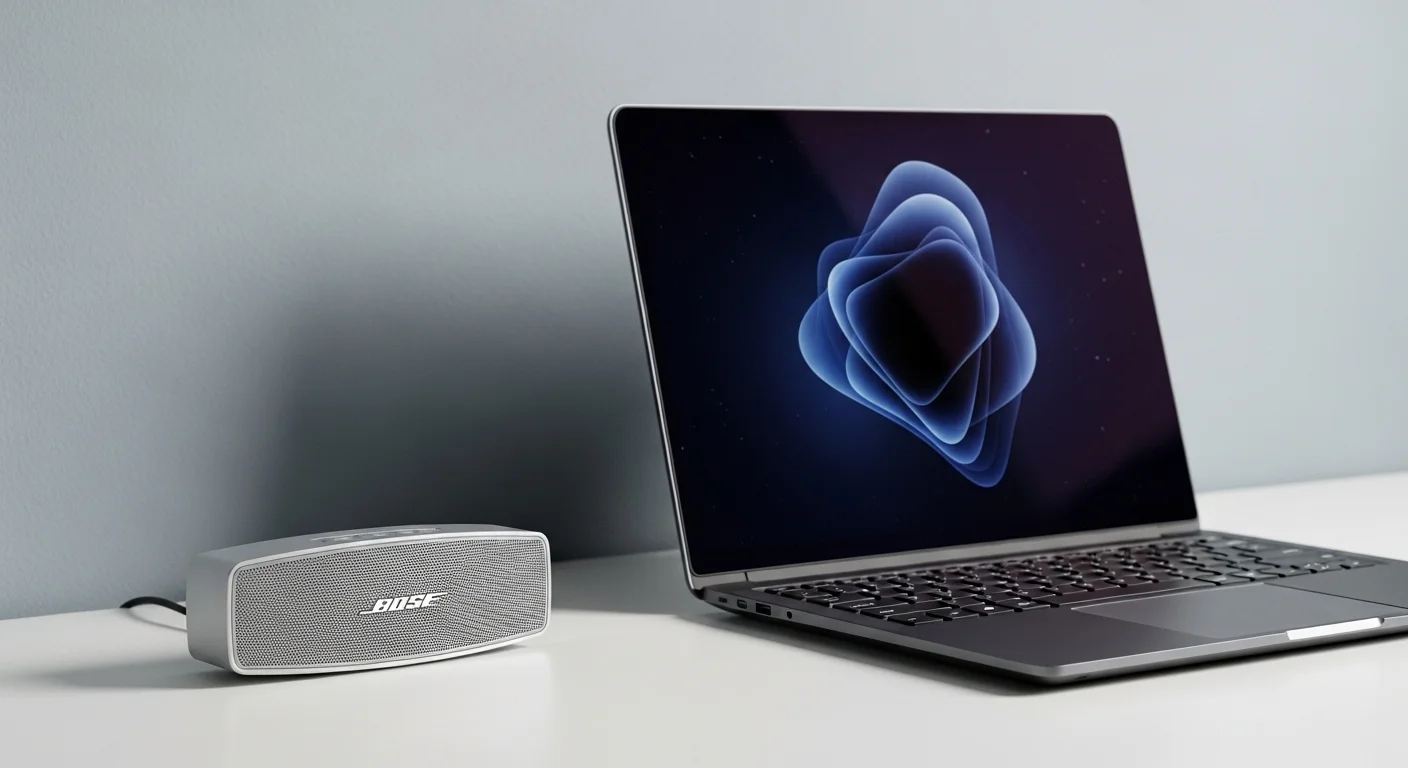 Bocina Bose Mini II color plata sobre un escritorio moderno junto a una laptop, mostrando su uso como accesorio premium para computadoras