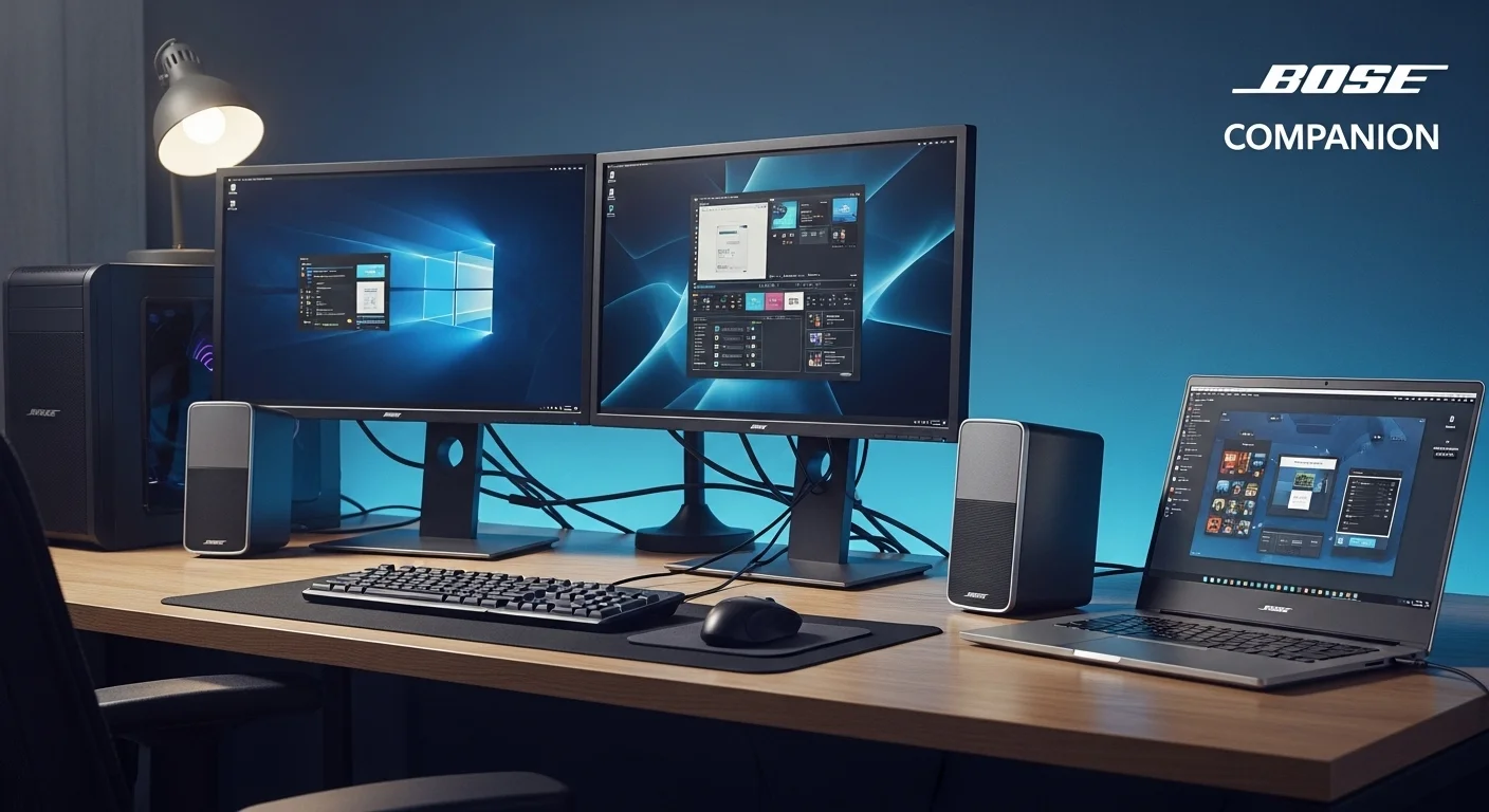 Un moderno escritorio con varias computadoras y una laptop, destacando unos elegantes altavoces Bose Companion junto al monitor principal, simbolizando la integración de audio de alta calidad en la tecnología.