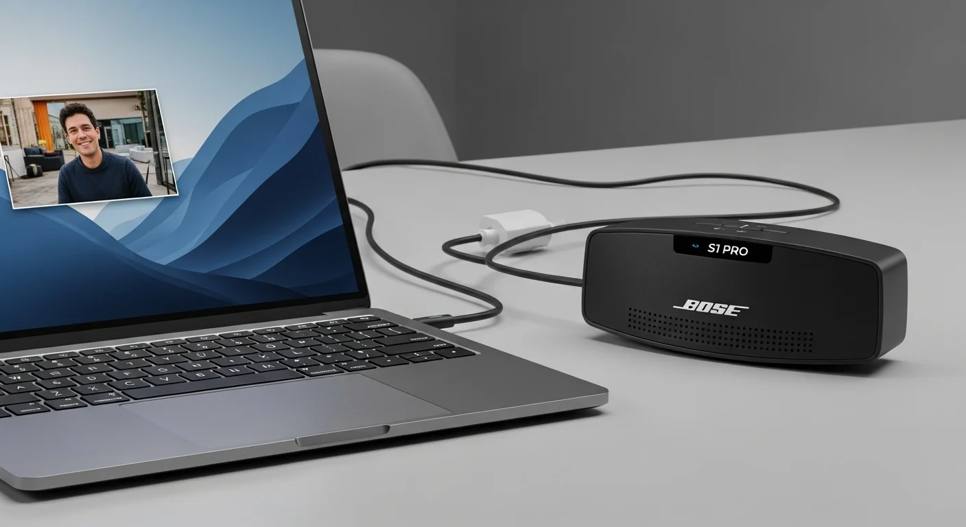 Escena de oficina moderna con una computadora laptop conectada a una bocina Bose S1 Pro para una videoconferencia profesional