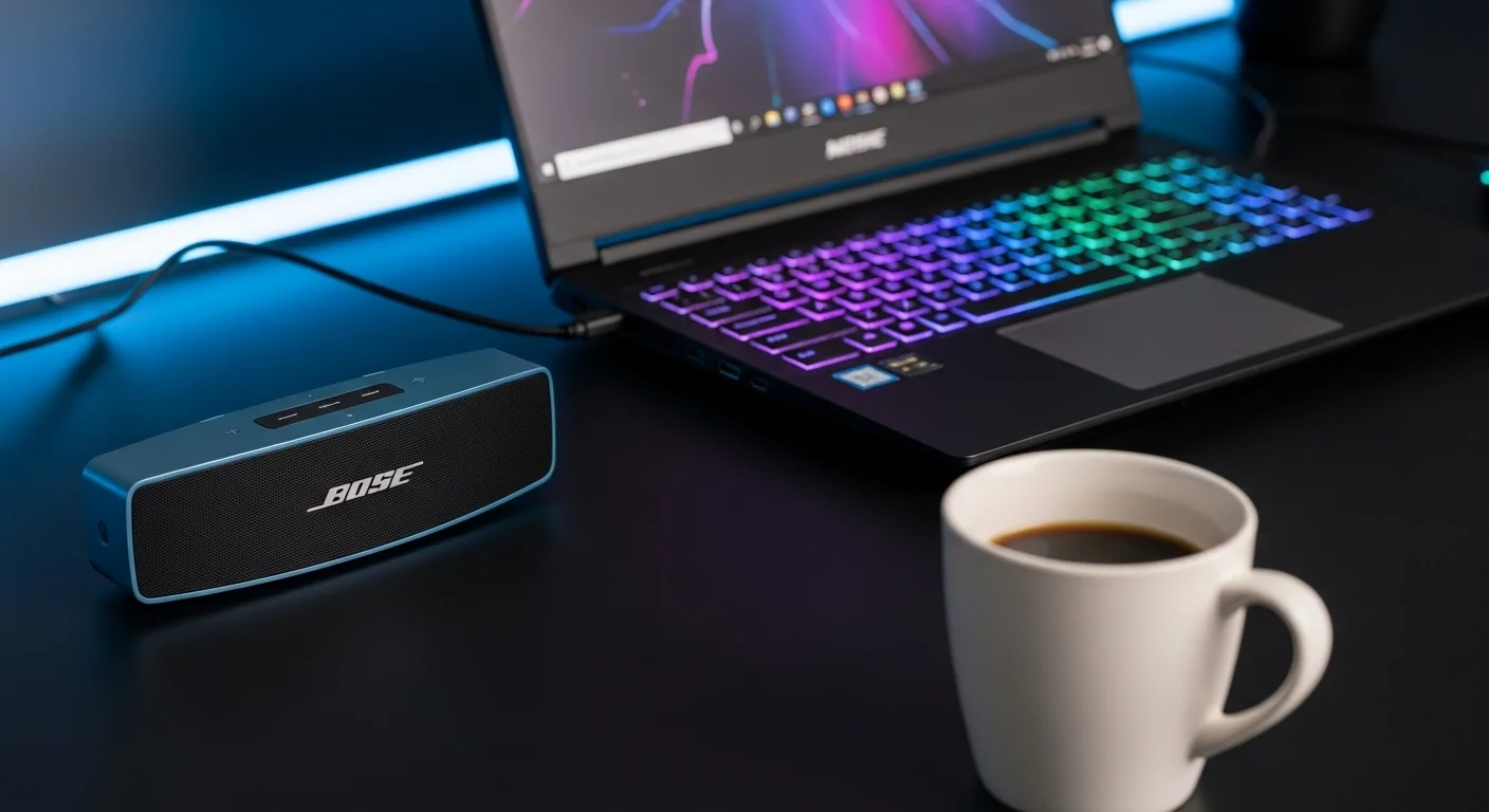 Bocina Bose SoundLink Color II en color azul sobre un escritorio moderno junto a una laptop y una taza de café, ilustrando su uso con computadoras.