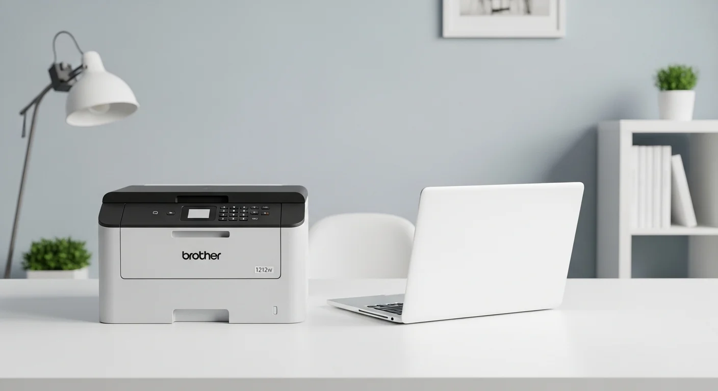 Impresora Brother 1212w en un escritorio moderno junto a una laptop, representando su uso en el entorno de computadoras de oficina.