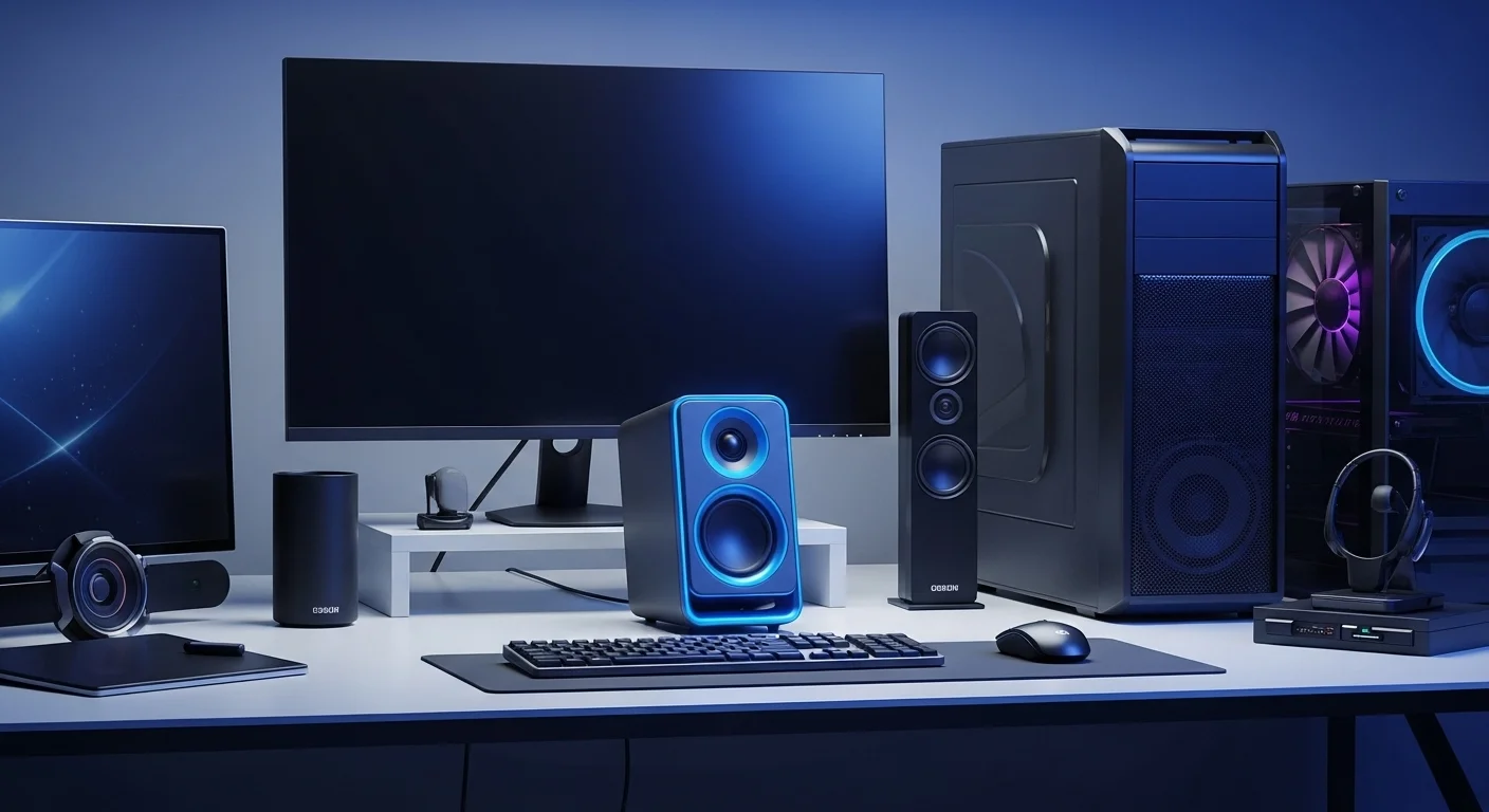 Una buena bocina de diseño moderno sobre un escritorio junto a varias computadoras y accesorios tecnológicos