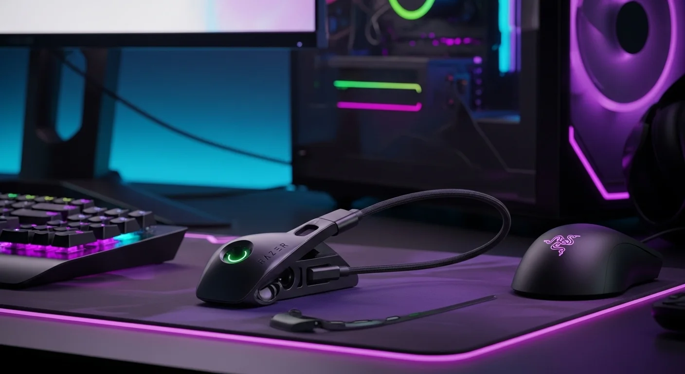 Una imagen detallada de un Razer Mouse Bungee V3 sobre un escritorio de computadora gamer con luces RGB, mostrando cómo gestiona el cable de un ratón.