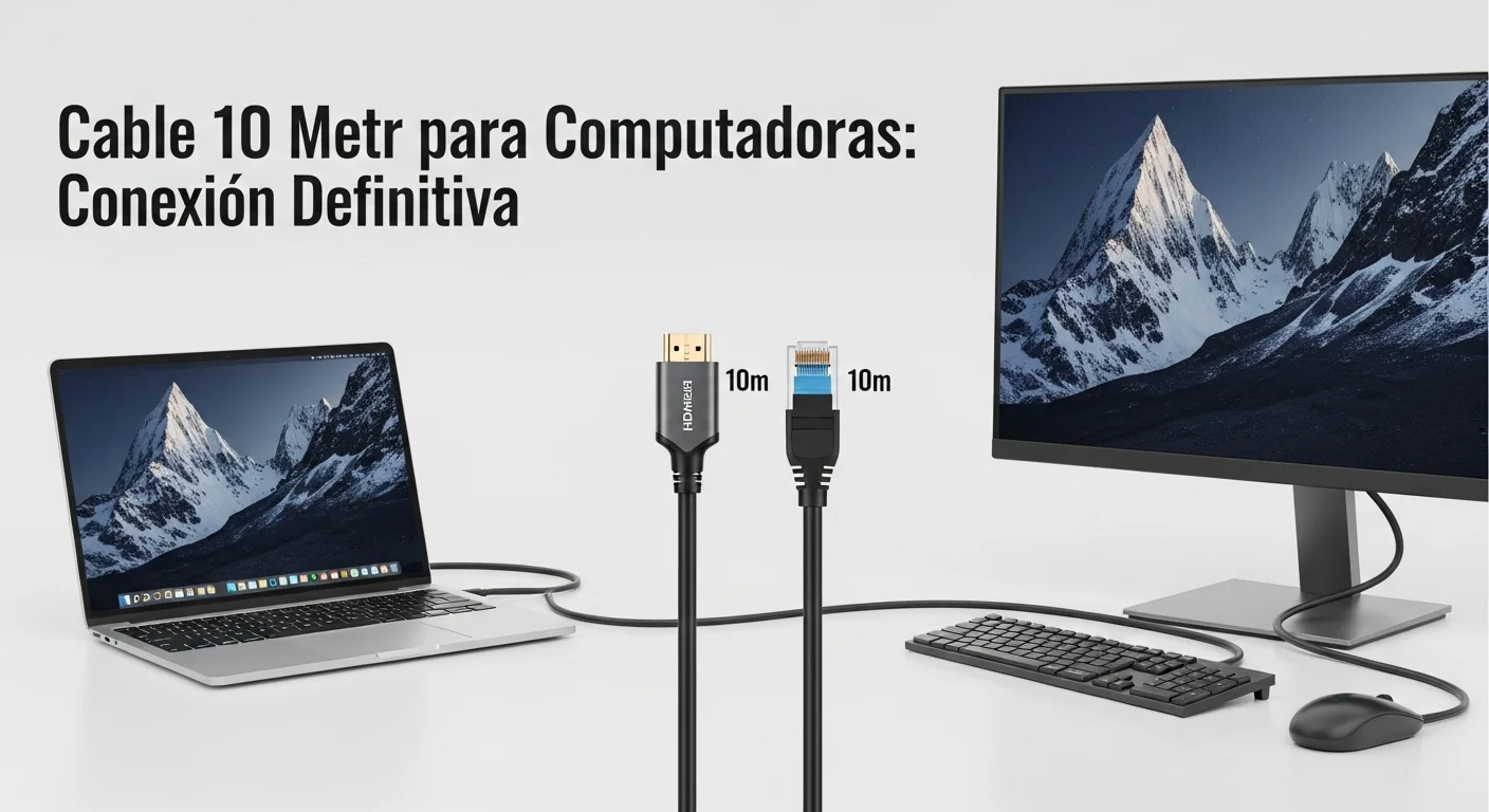 Un cable HDMI de 10 metros y un cable Ethernet de 10 metros conectados a una laptop y una pantalla, representando la conectividad de computadoras.