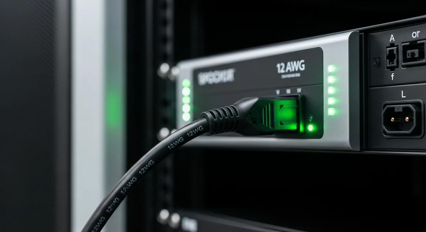 Primer plano de un cable de alimentación 12 AWG negro conectado a una PDU en un rack de servidores con luces de estado verdes.