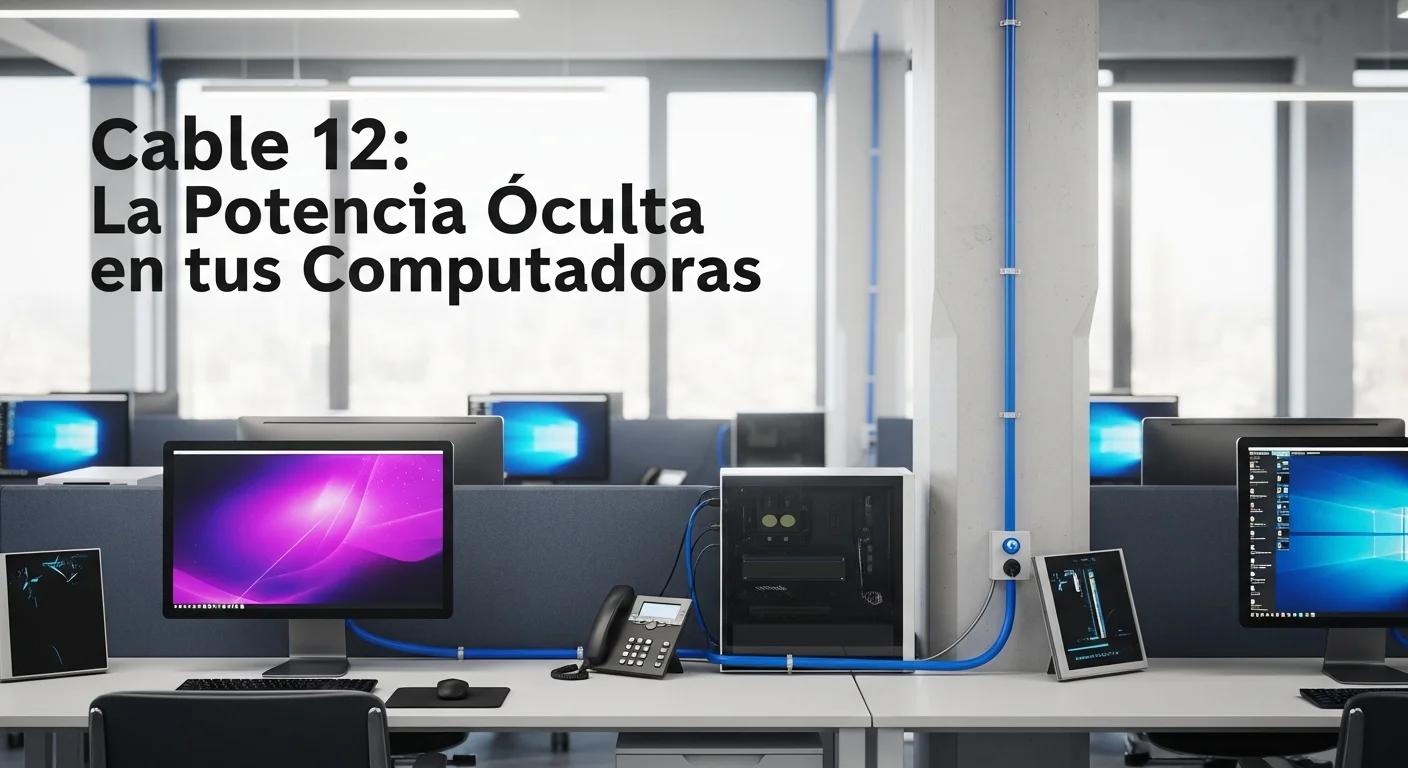 Instalación eléctrica con cable 12 en una oficina moderna con múltiples computadoras y equipos de tecnología.