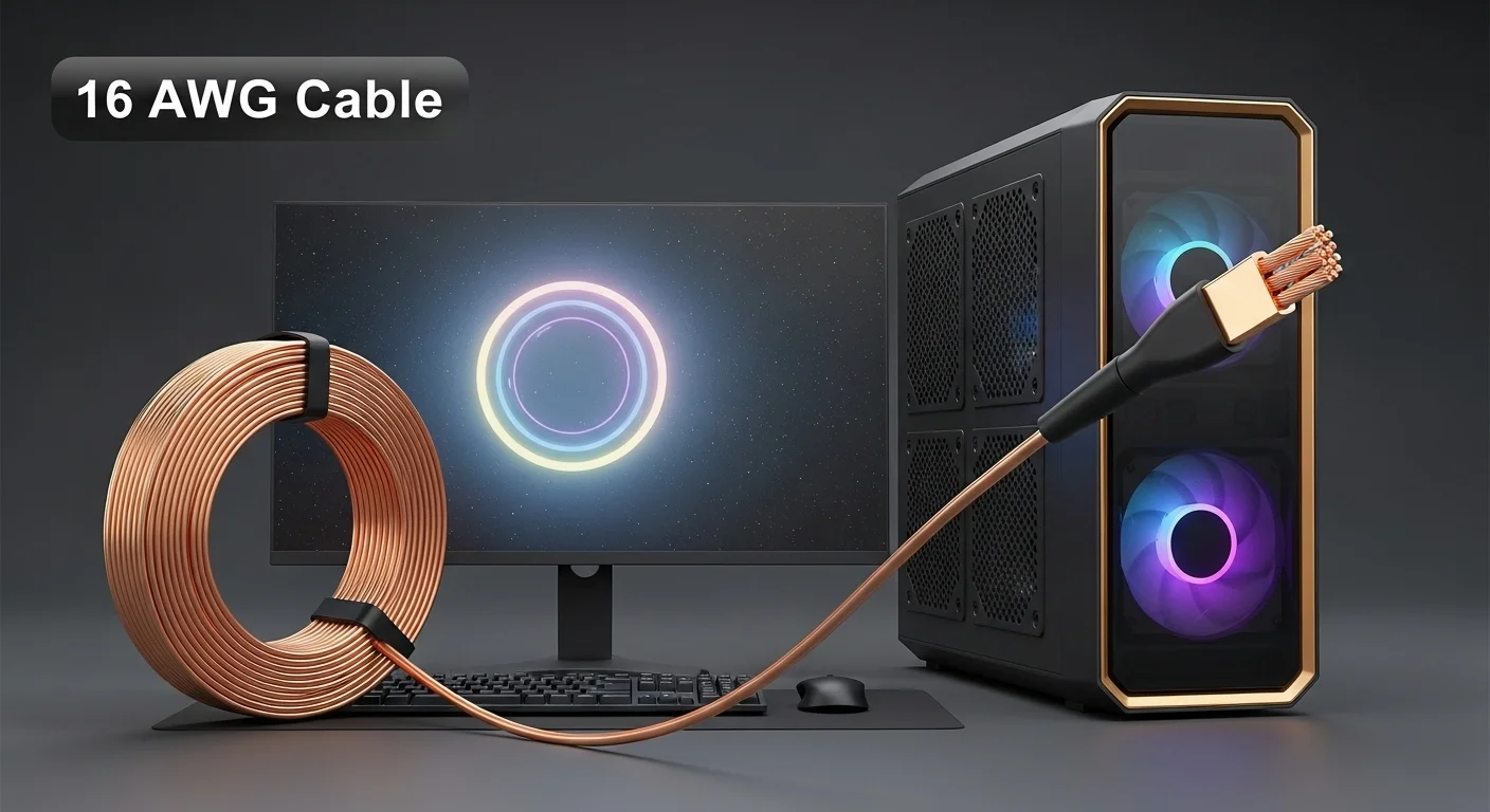 Bobina de cable 16 AWG de cobre junto a una computadora de escritorio moderna, destacando su uso en tecnología.