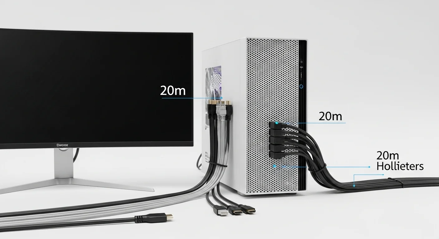 Una configuración de computadora de escritorio moderna con múltiples cables de 20 metros conectados, incluyendo un cable ethernet y un cable hdmi, organizados de forma limpia.