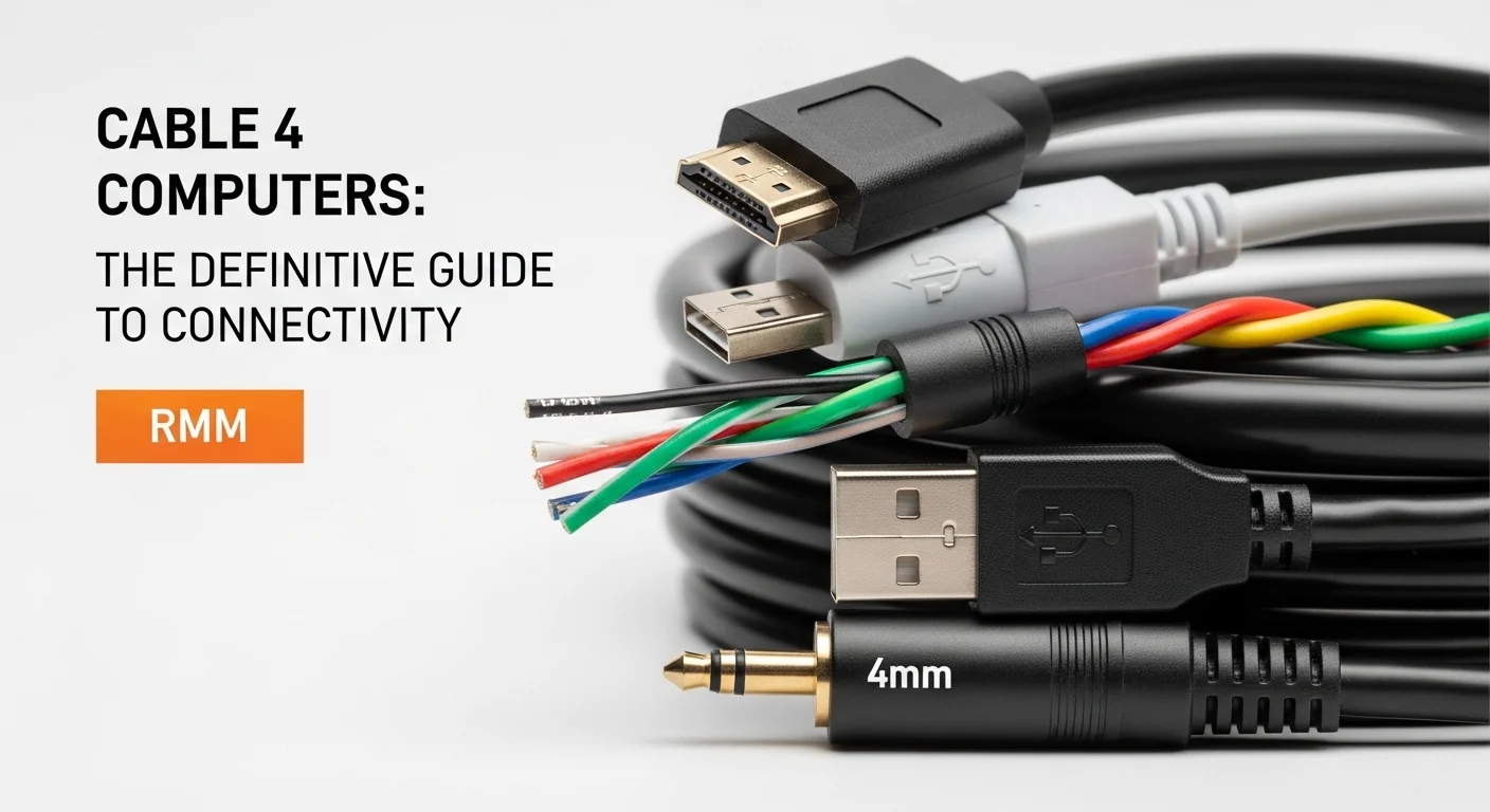 Varios tipos de cable 4 apilados, mostrando un cable HDMI, un cable USB con sus 4 hilos visibles, y un robusto cable de 4mm para audio, simbolizando la conectividad en computadoras y tecnología.
