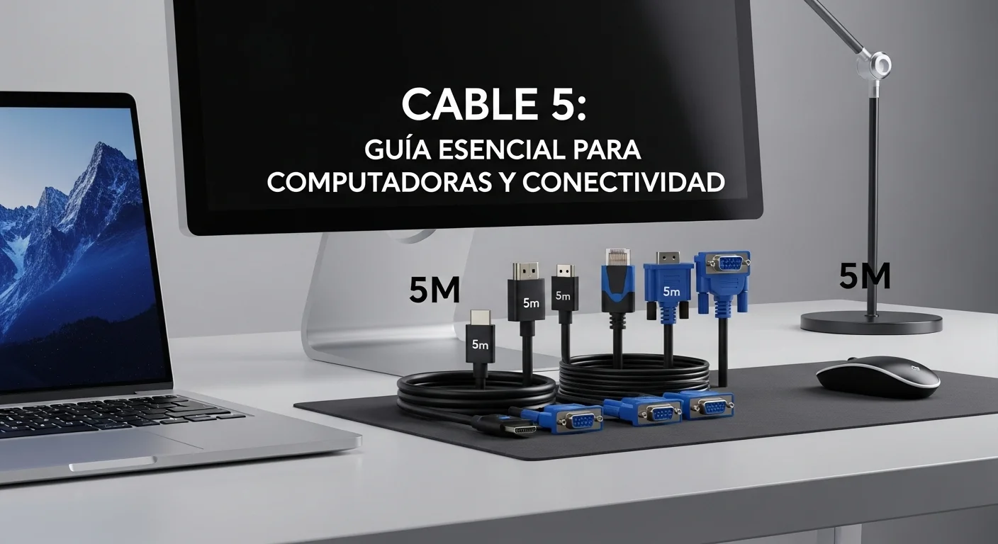 Una variedad de cables tecnológicos como HDMI, Ethernet y VGA de 5 metros, organizados sobre un escritorio junto a una computadora portátil y un monitor, simbolizando la conectividad.
