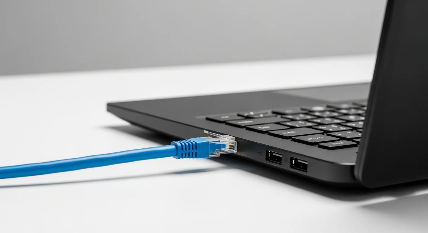 Un cable 5e de color azul con conector RJ45 conectado al puerto Ethernet de una laptop moderna, simbolizando la conexión de las computadoras a la red.