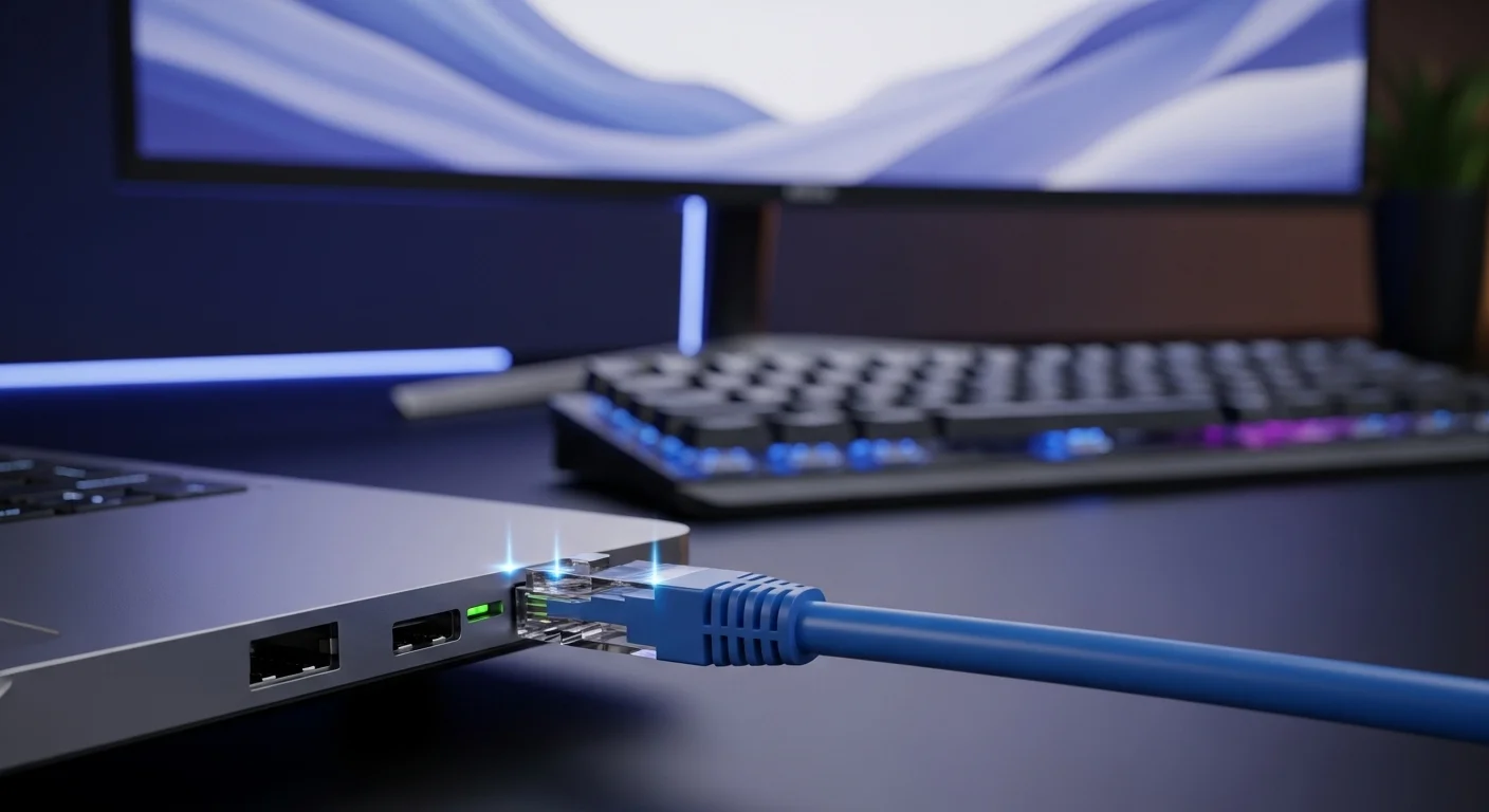 Primer plano de un cable 6 de color azul conectado al puerto Ethernet de una laptop moderna, con luces de actividad de red parpadeando. El fondo muestra un escritorio tecnológico con un monitor y teclado.