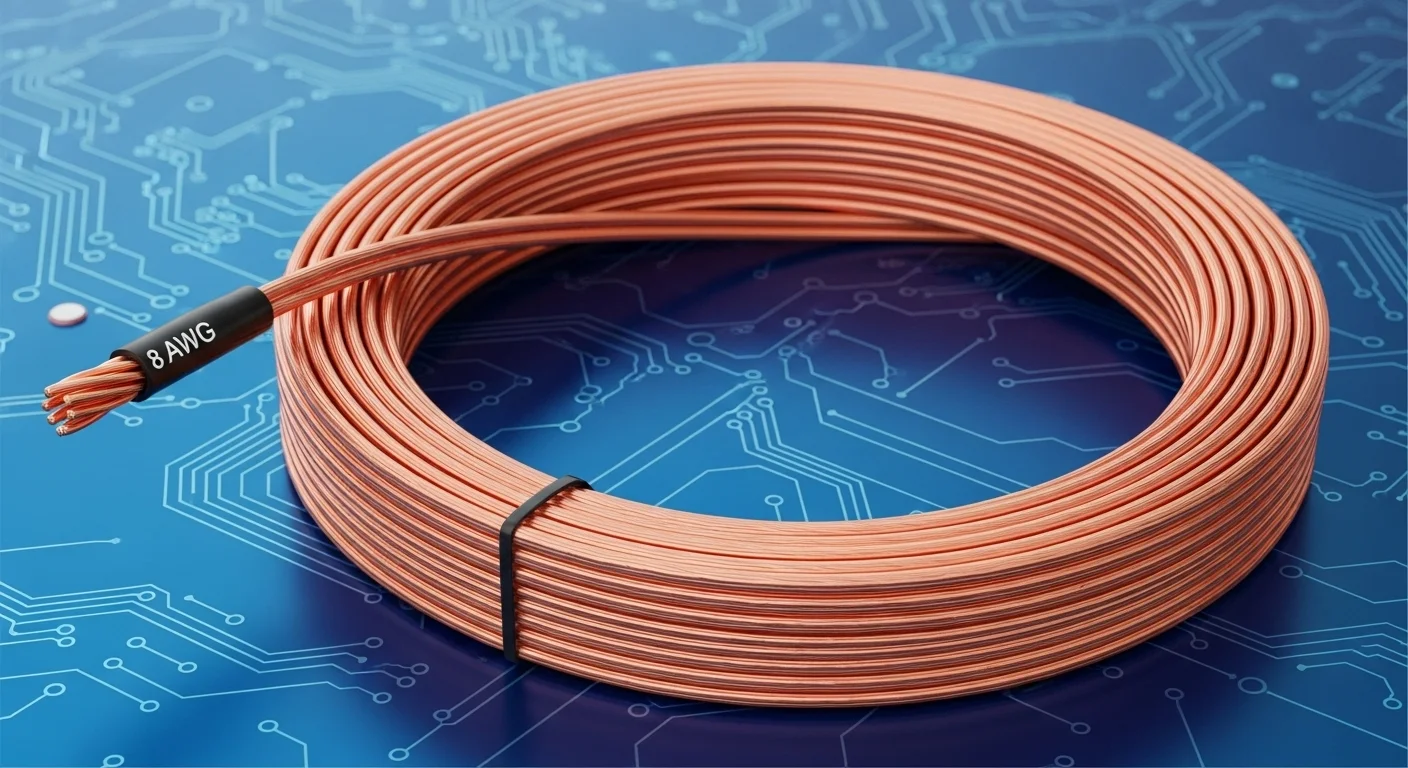 Rollo de cable 8 awg de cobre expuesto frente a un fondo azul con circuitos de computadora