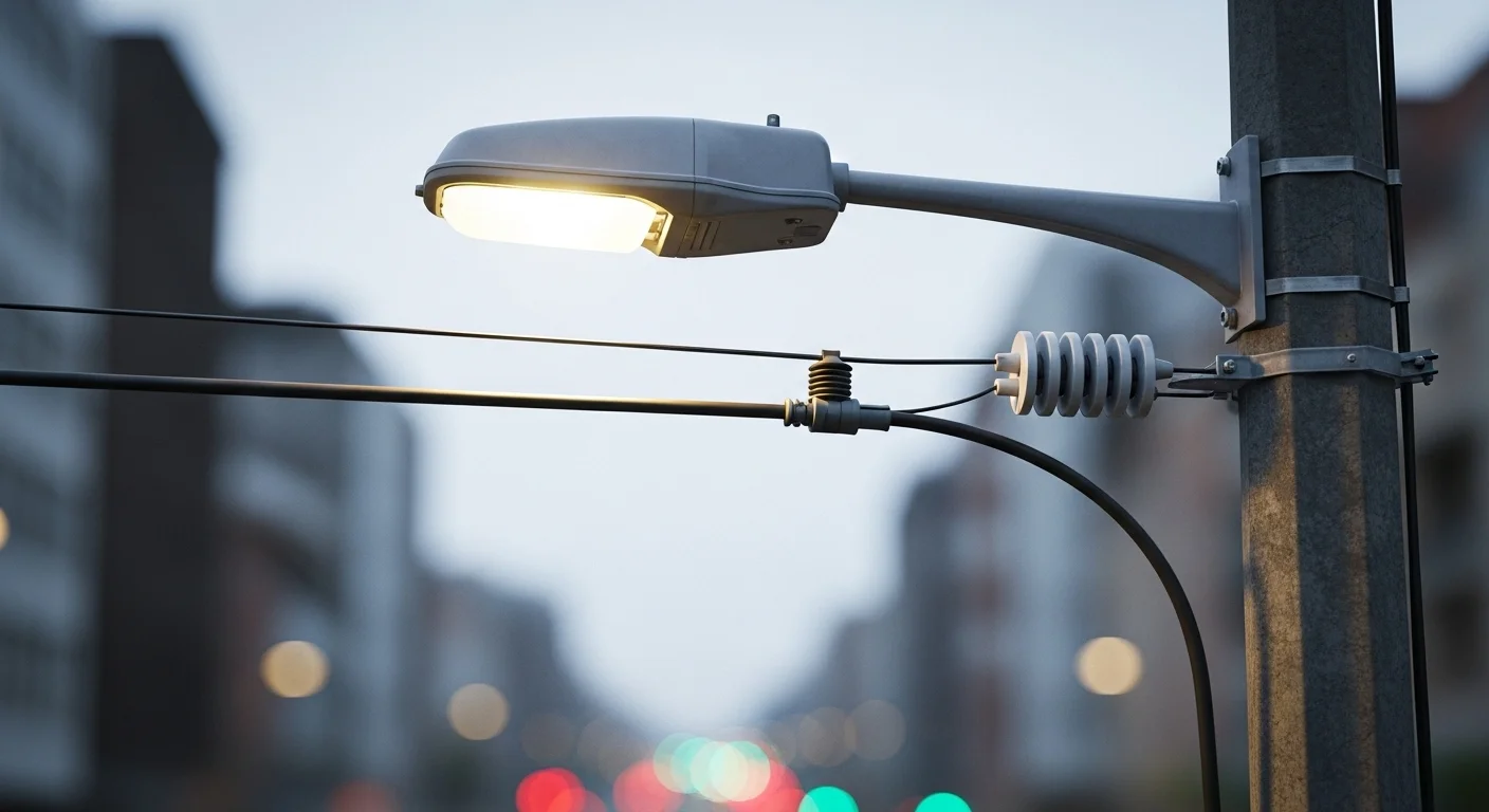 Poste de luz mostrando la conexión del cable acometida a una red eléctrica, simbolizando la fuente de energía para computadoras.
