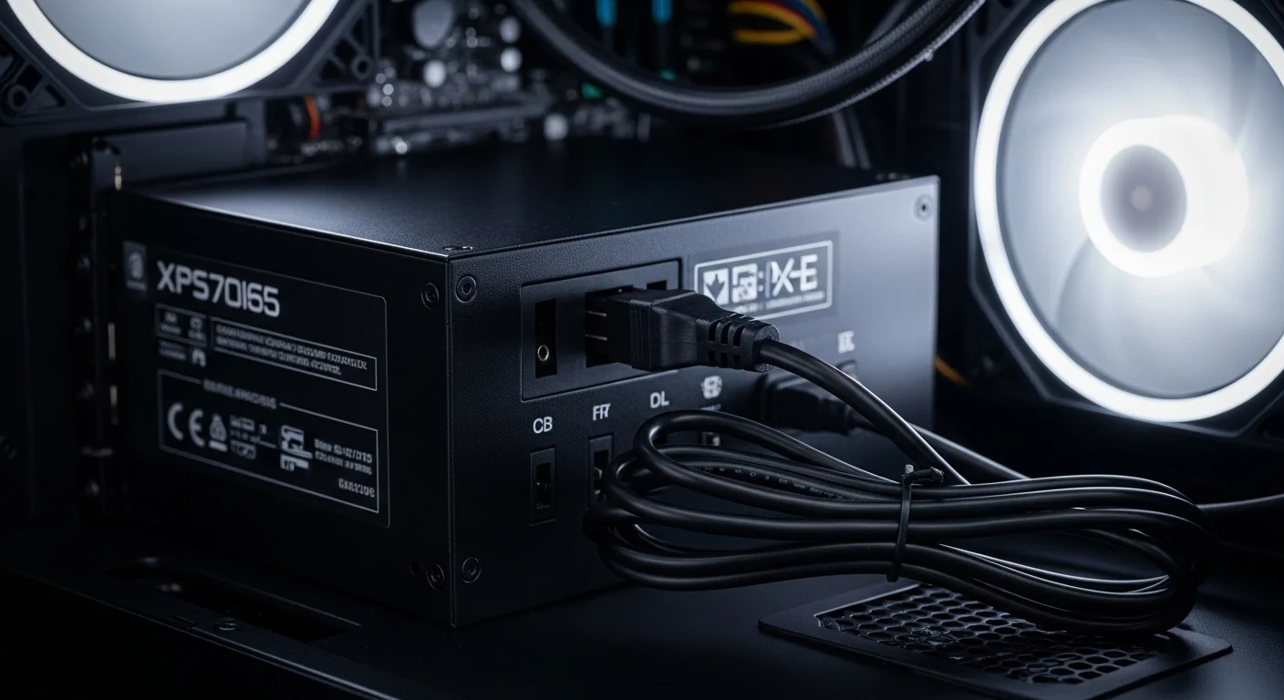 Un cable de alimentación negro de tipo C13 conectado a la fuente de poder de una computadora de escritorio con luces internas visibles.