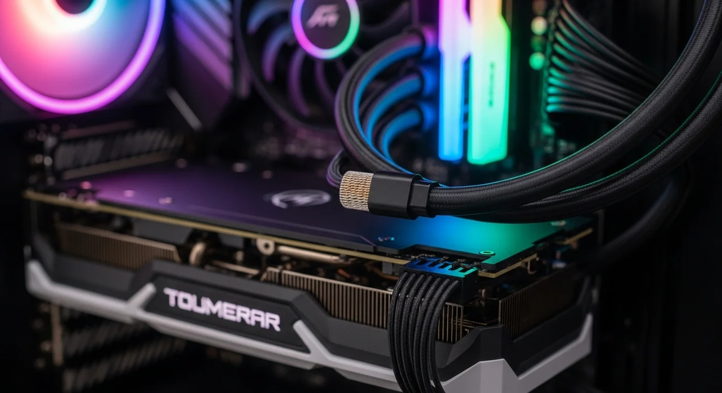 Primer plano de un cable siliconado alta temperatura conectado a una moderna tarjeta gráfica dentro de una computadora para gaming, con iluminación RGB de fondo.
