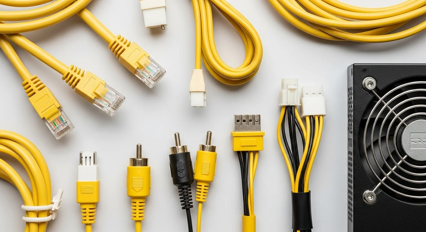 Una composición de diferentes tipos de cable amarillo: un cable de internet Ethernet, un conector RCA de video y cables de una fuente de poder de computadora.