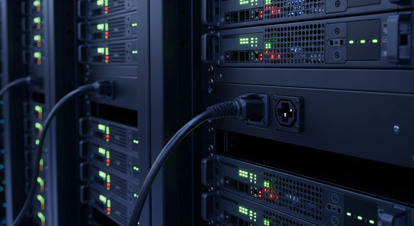 Primer plano de un cable de calibre 8 color negro conectado a una unidad de distribución de energía en un rack de servidores con computadoras en el fondo.