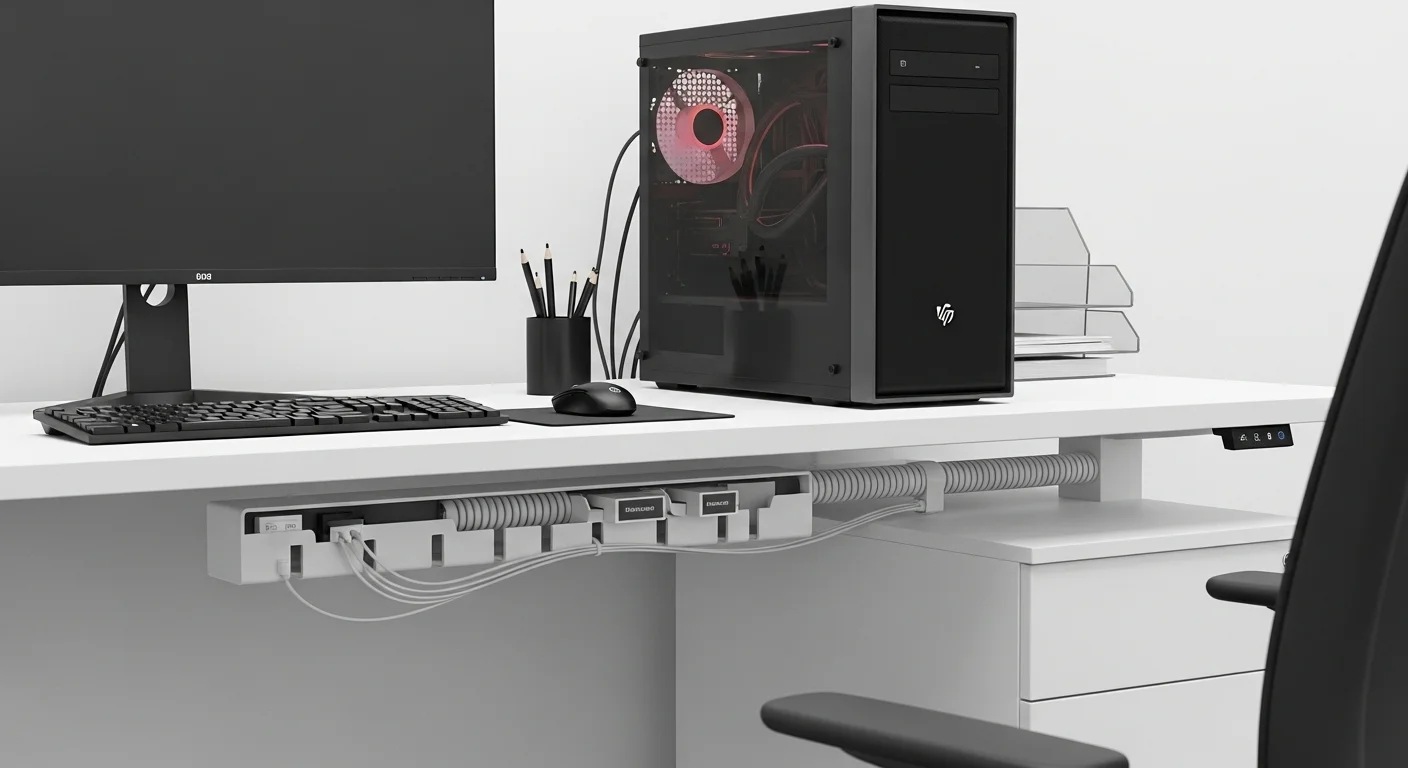 Escritorio de oficina moderno con computadoras y periféricos, donde un cable canal organiza eficientemente todos los cables, logrando un setup limpio y profesional.