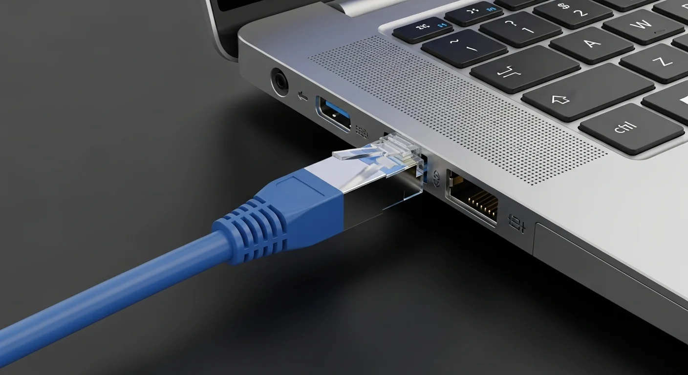 Primer plano de un cable Cat 7 de color azul con conector RJ45 blindado, conectado al puerto Ethernet de una computadora portátil de alto rendimiento.