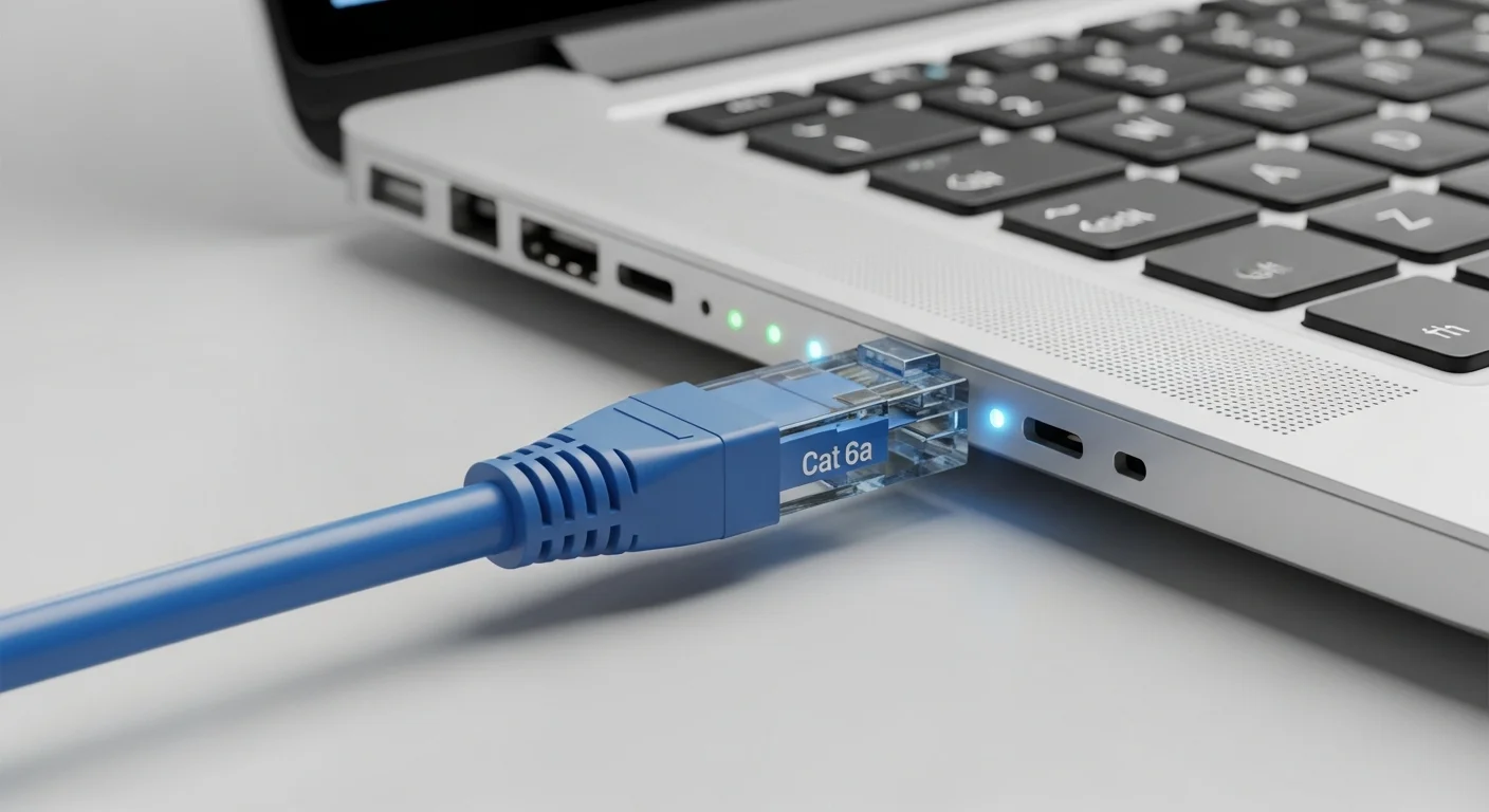 Primer plano de un cable Cat 6a de color azul conectado al puerto Ethernet de una laptop moderna, con luces de actividad de red parpadeando.