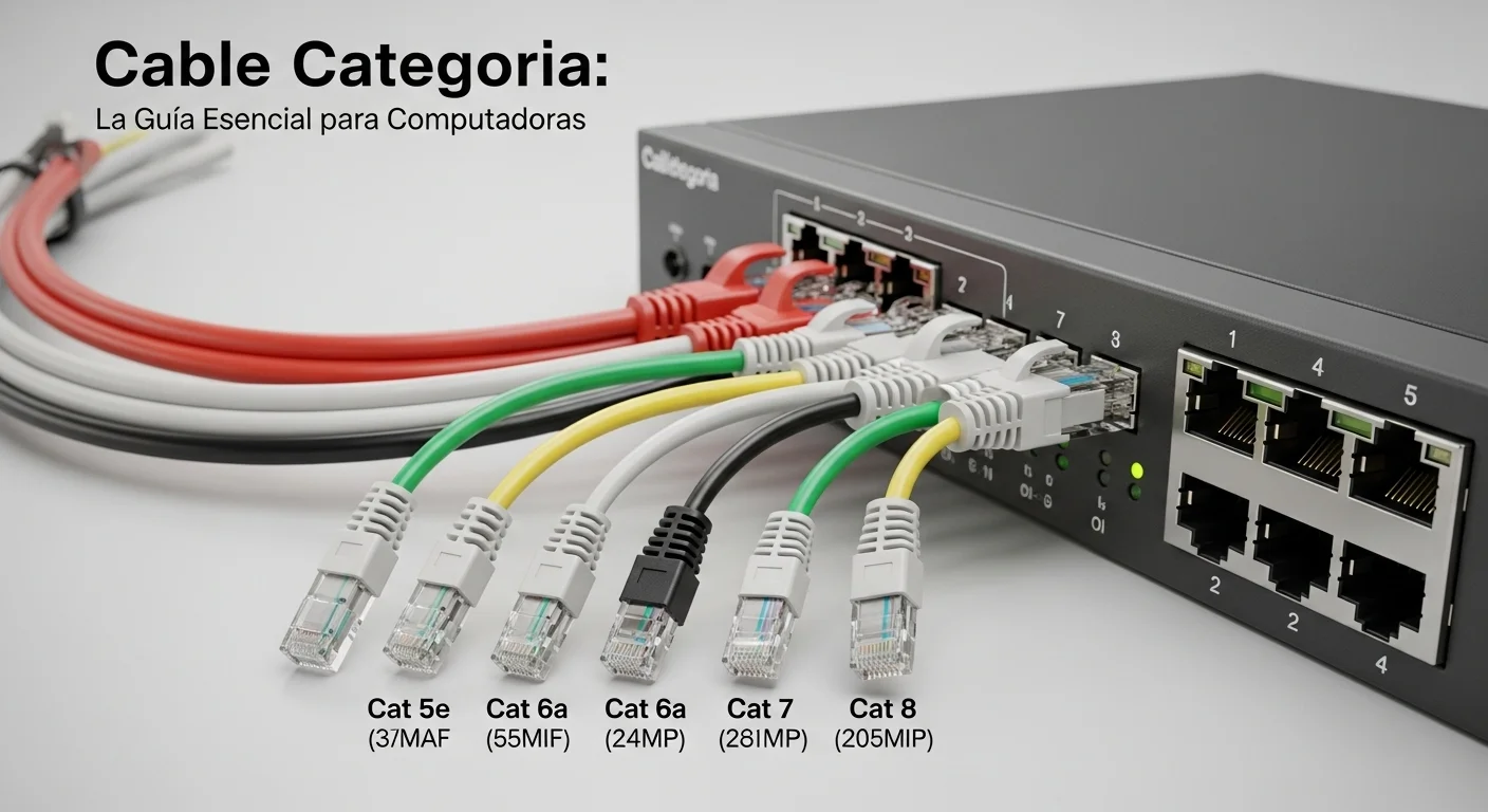 Varios cables de categoría Ethernet (Cat 5e, Cat 6a, Cat 7, Cat 8) conectados a un switch de red de alto rendimiento para computadoras