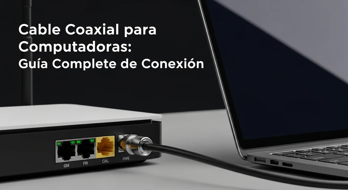 Primer plano de un cable coaxial RG6 conectado al puerto de un módem de internet junto a una computadora portátil moderna.