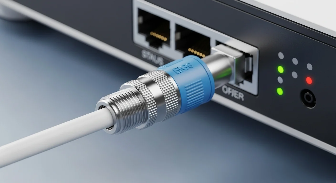 Primer plano de un cable coaxial RG6 blanco con un conector de compresión F-Type, conectado al puerto de un módem router de alta velocidad para internet por cable, con luces LED indicadoras de estado de la conexión.