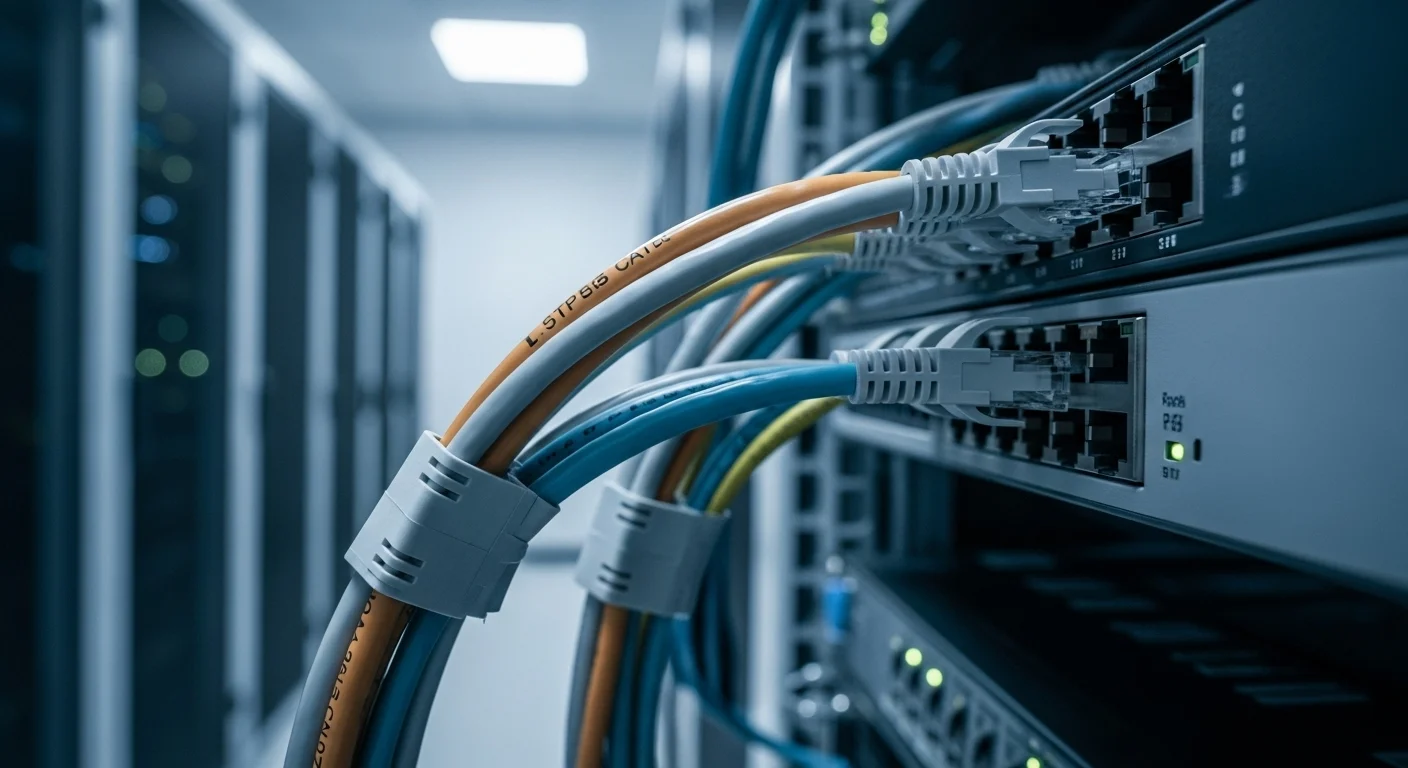 Primer plano de un manojo de cables de red de cobre de colores, mostrando cables UTP Cat6 conectados a un switch de red en un centro de datos, simbolizando la conexión de las computadoras.
