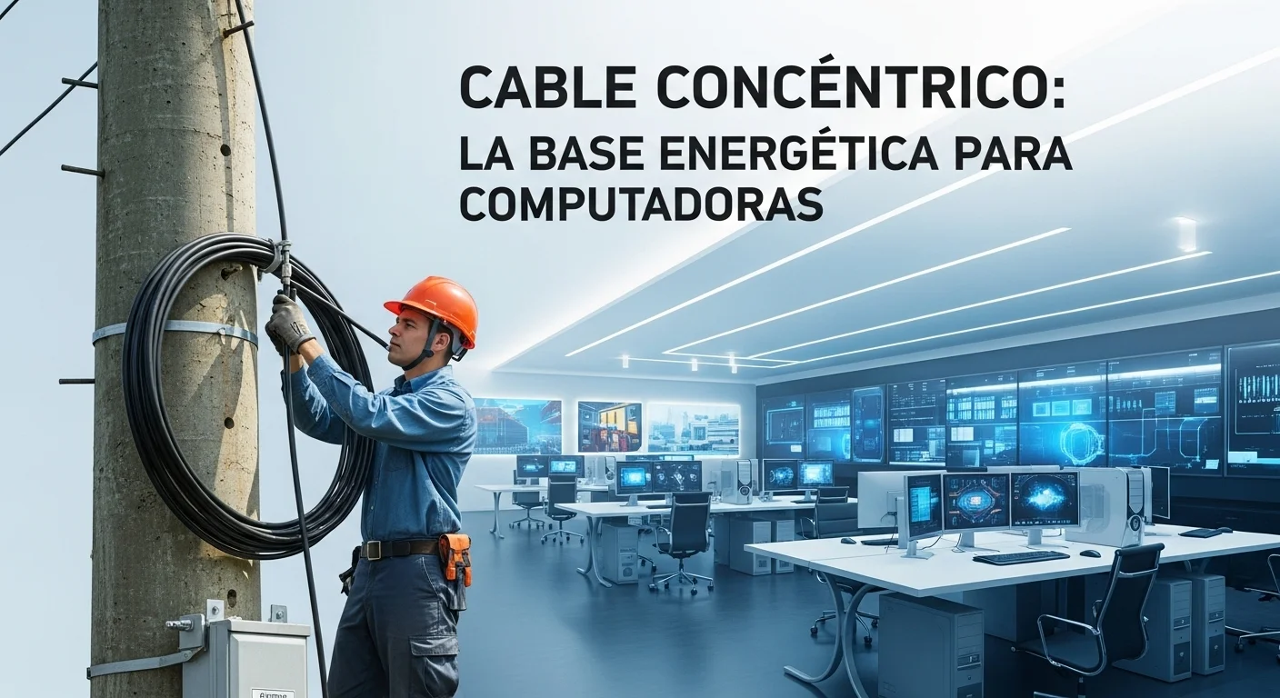 Montaje de un cable concéntrico en un poste eléctrico con una oficina moderna de computadoras en el fondo