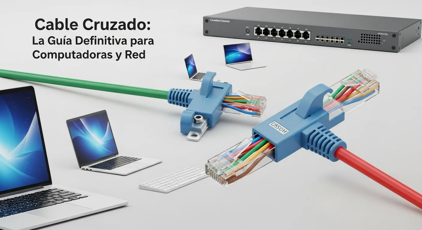 Imagen de un cable cruzado de red con conectores RJ45, mostrando los hilos de colores, con computadoras y un switch de fondo.