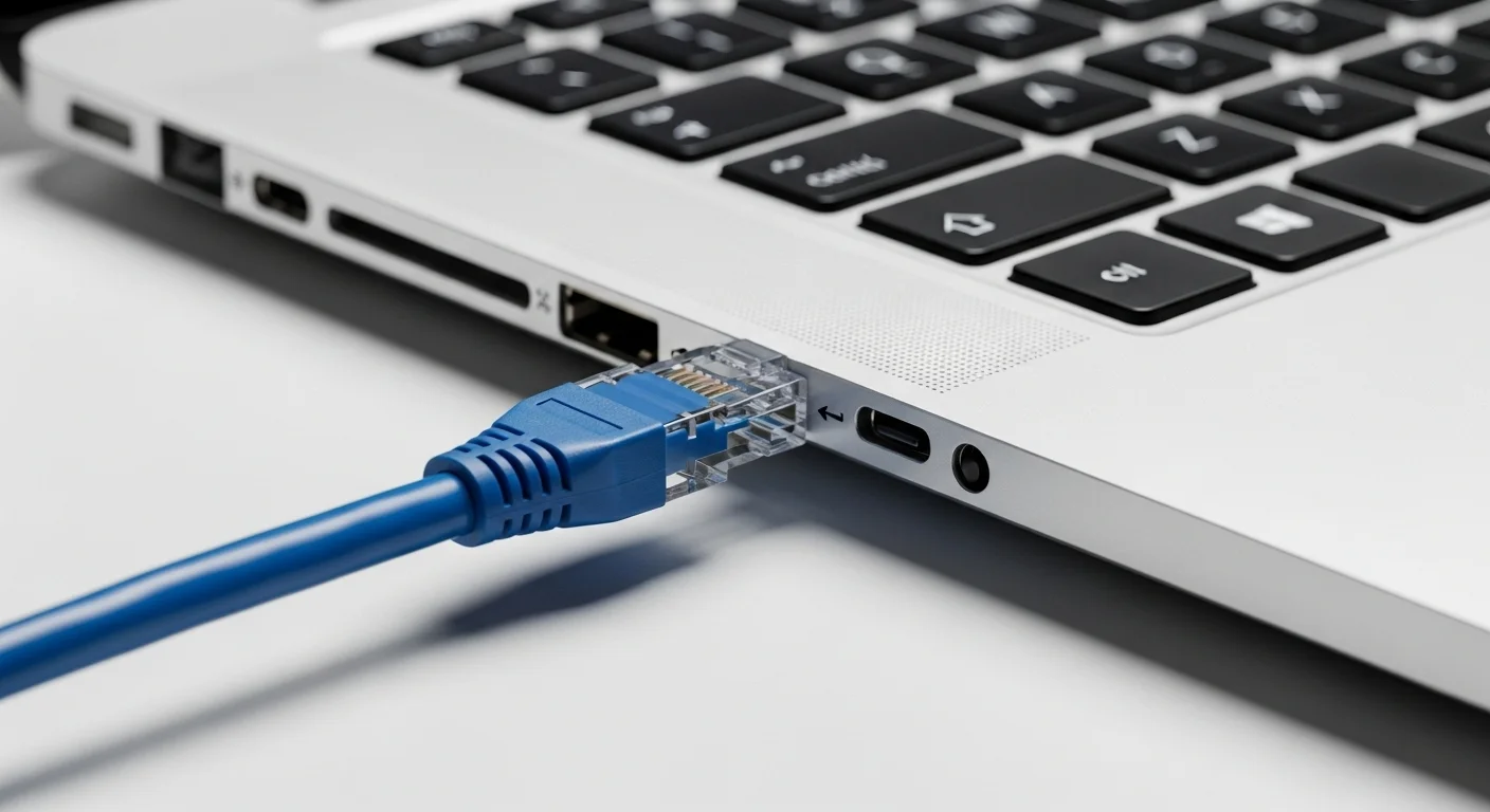 Primer plano de un cable de red azul conectado al puerto Ethernet de una computadora portátil para una conexión a internet estable.