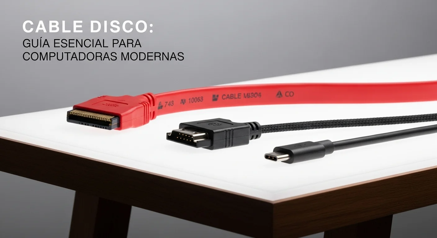Una selección de diferentes tipos de cable disco para computadoras, incluyendo un cable SATA rojo y un cable disco duro externo con conector USB-C sobre un escritorio tecnológico.